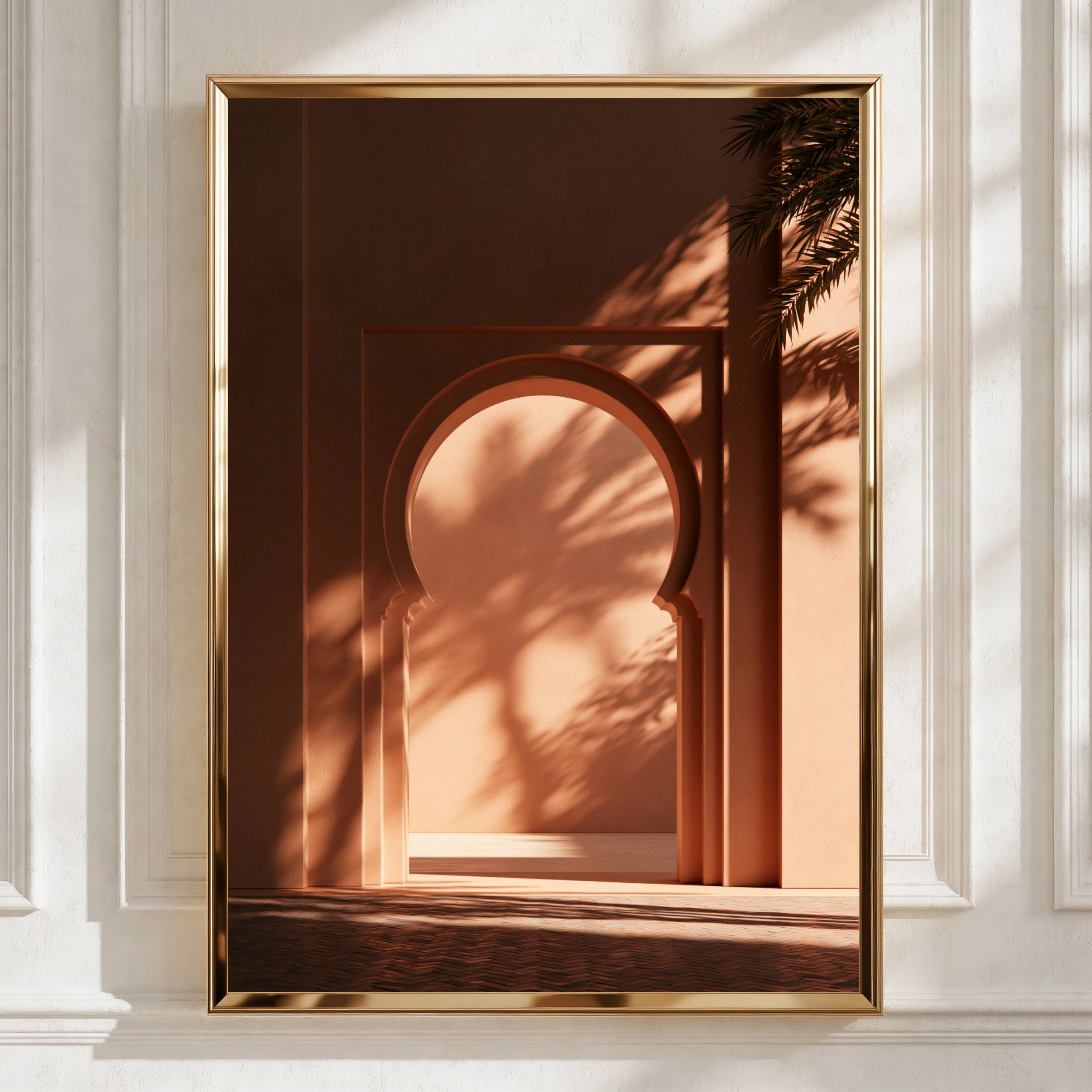 Moroccan Arch Palm Shadow Wall Art Poster, Terracotta Boho Print