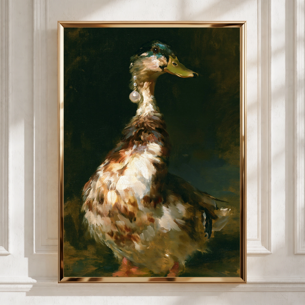Duck with Pearl Earring Wall Art Poster, Funny Animal Portrait, Old Master Style