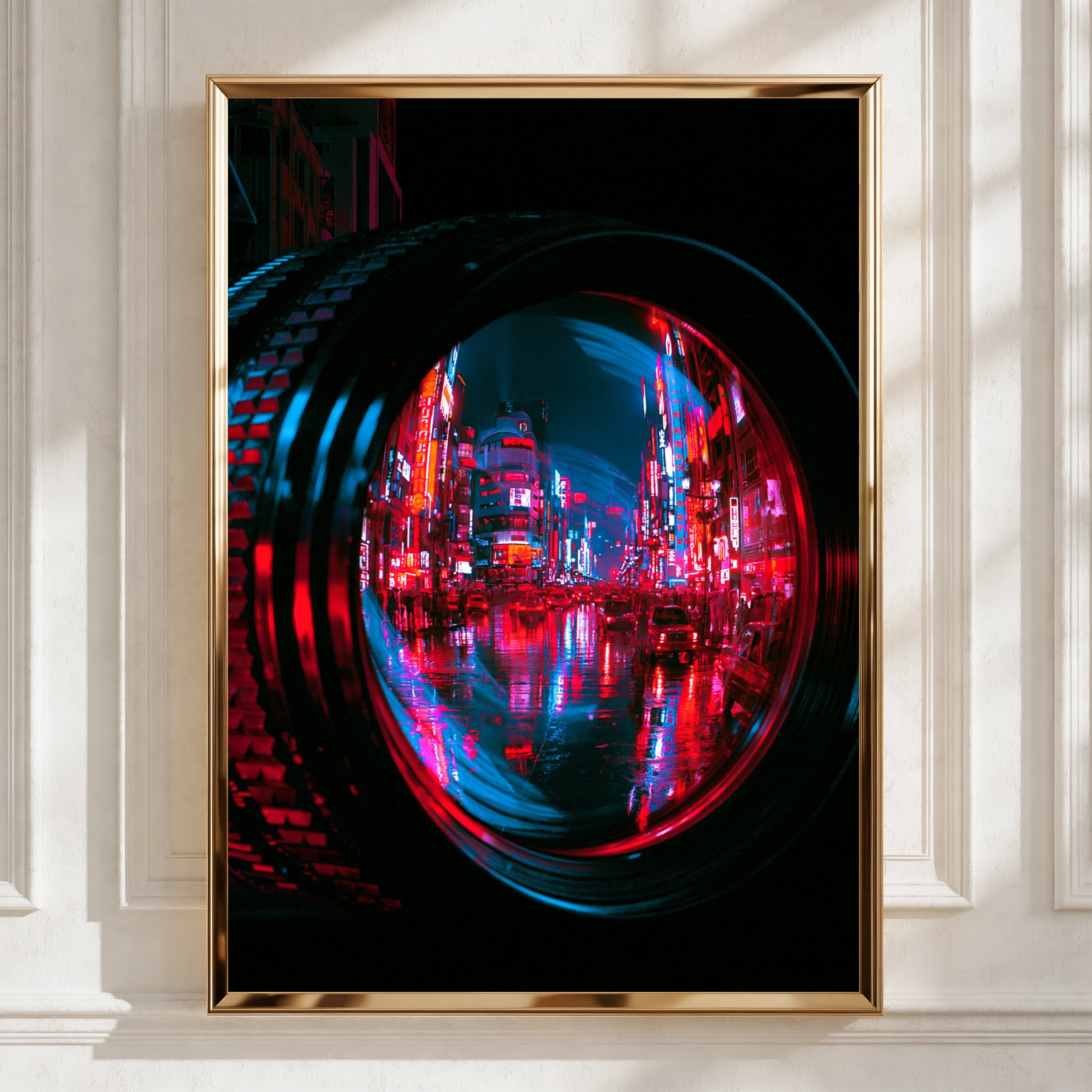 Tokyo Neon Night Camera Lens Poster, Cyberpunk Japan Street Art Print