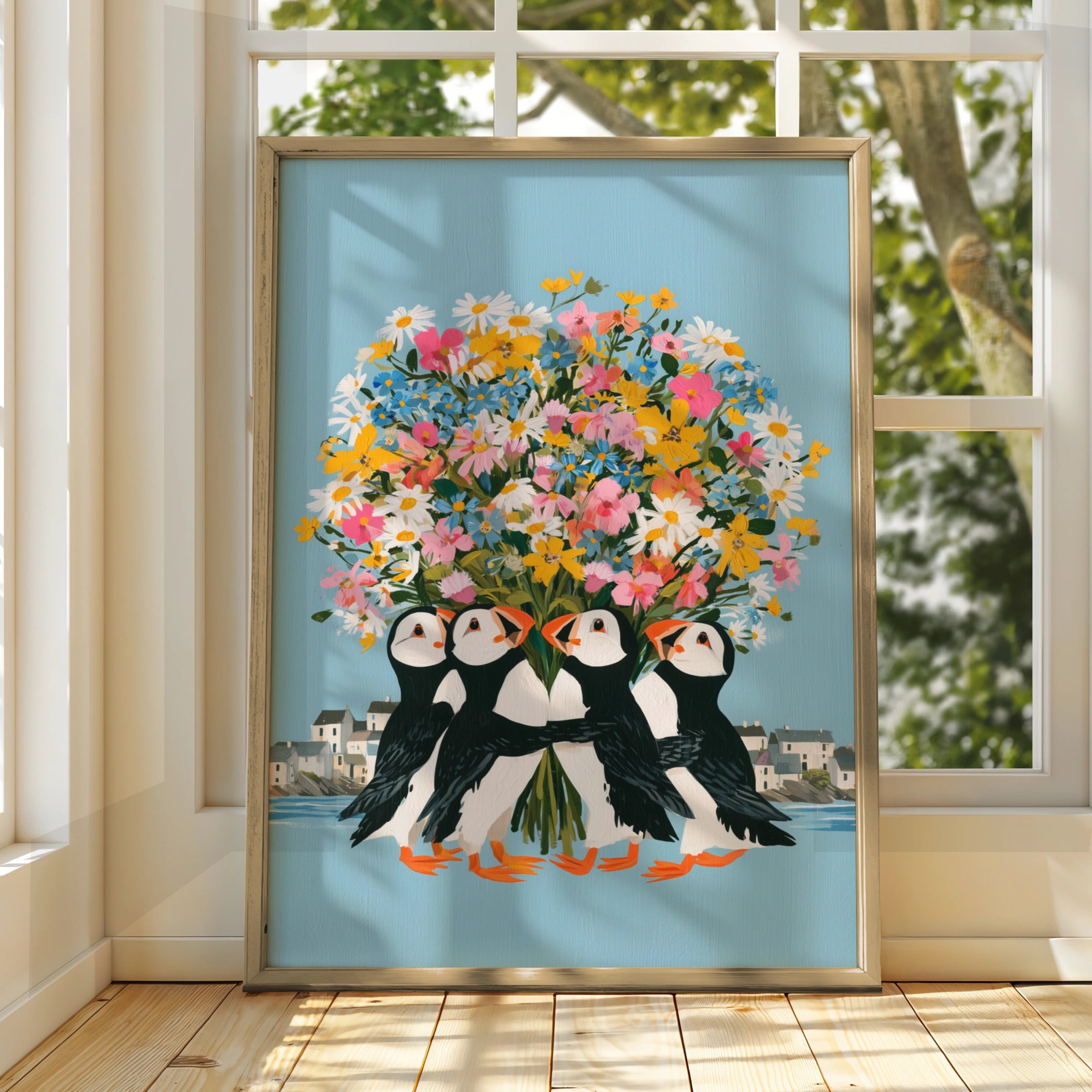 Puffins Bouquet Wall Art Poster, Floral Bird Print, Colourful Coastal Illustration