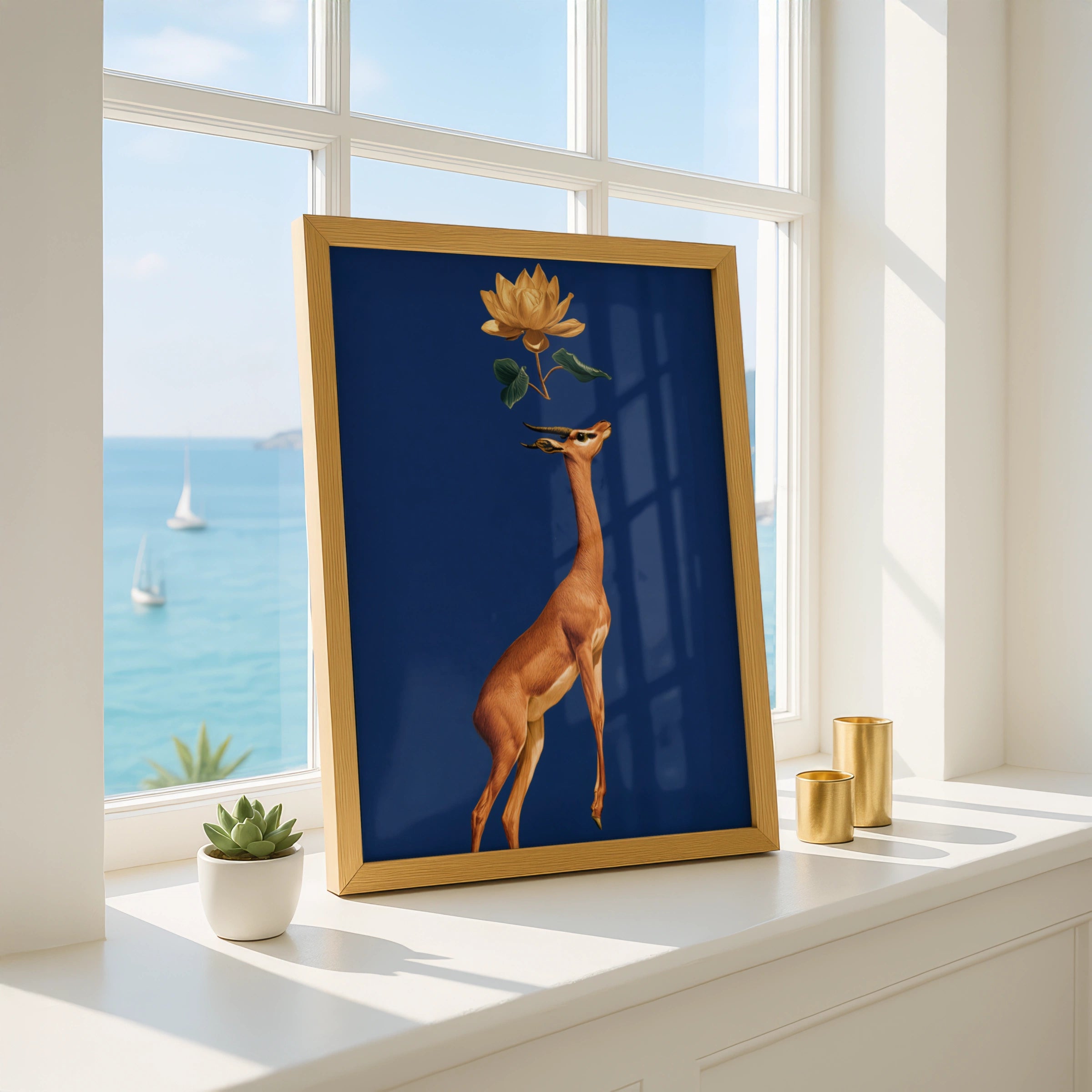 Gerenuk Antelope Lotus Flower Poster, Navy Blue Gold Wildlife Art Print
