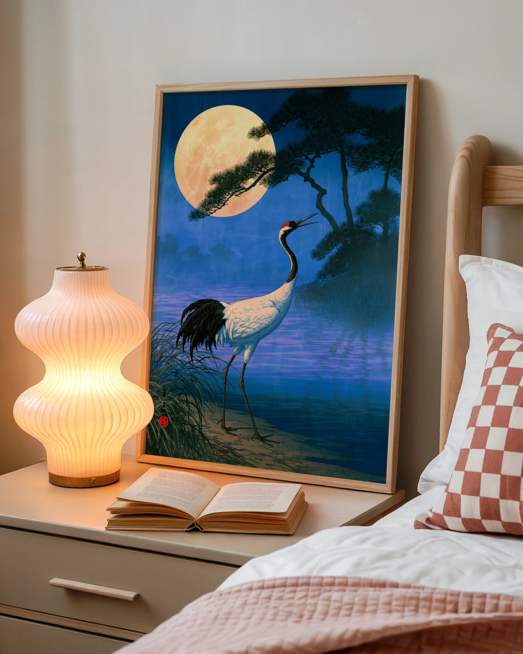 Japanese Crane Full Moon Poster, Ukiyo-e Style Wall Art, Foggy Night Print