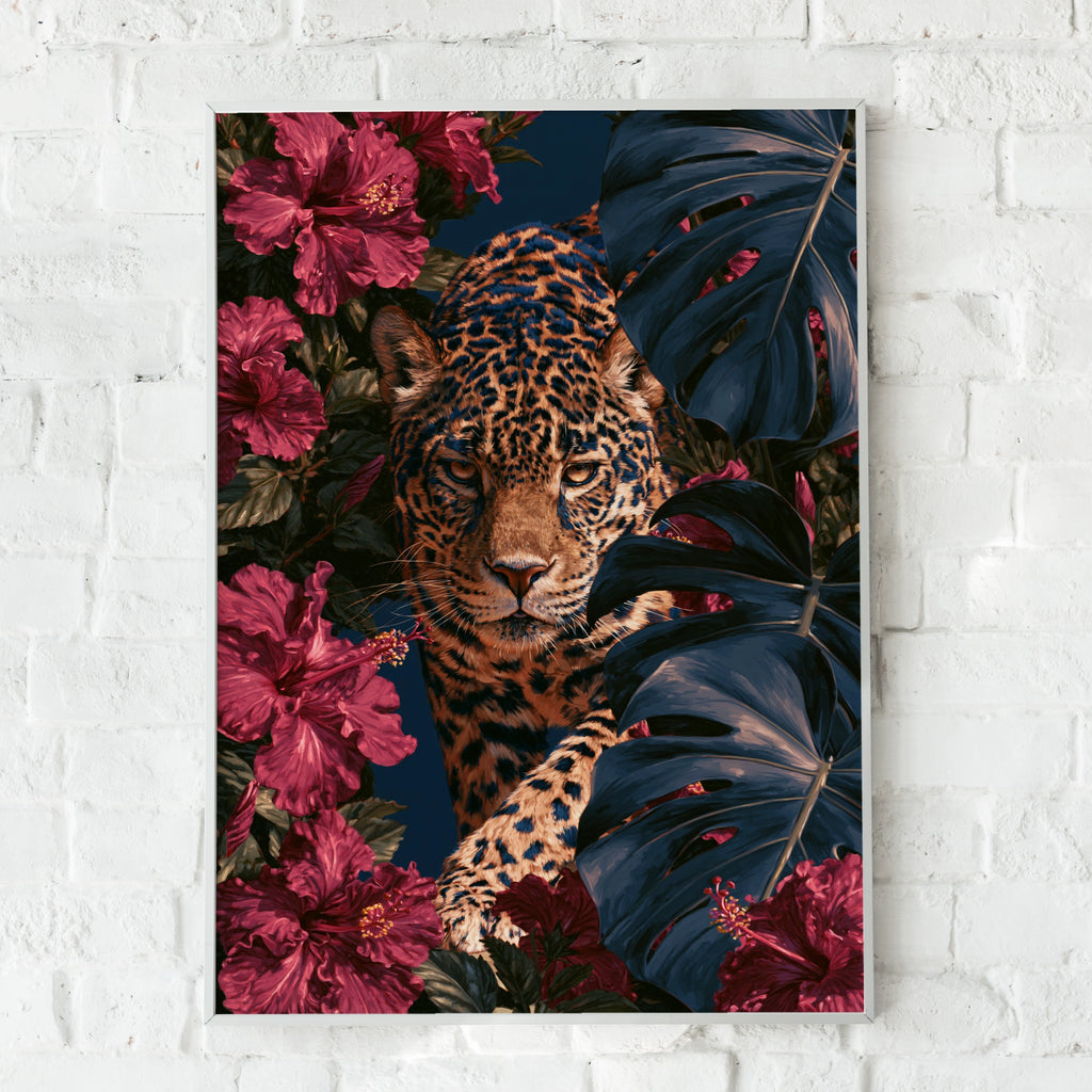 Jaguar Hibiscus Monstera Poster, Tropical Wildlife Wall Art Print
