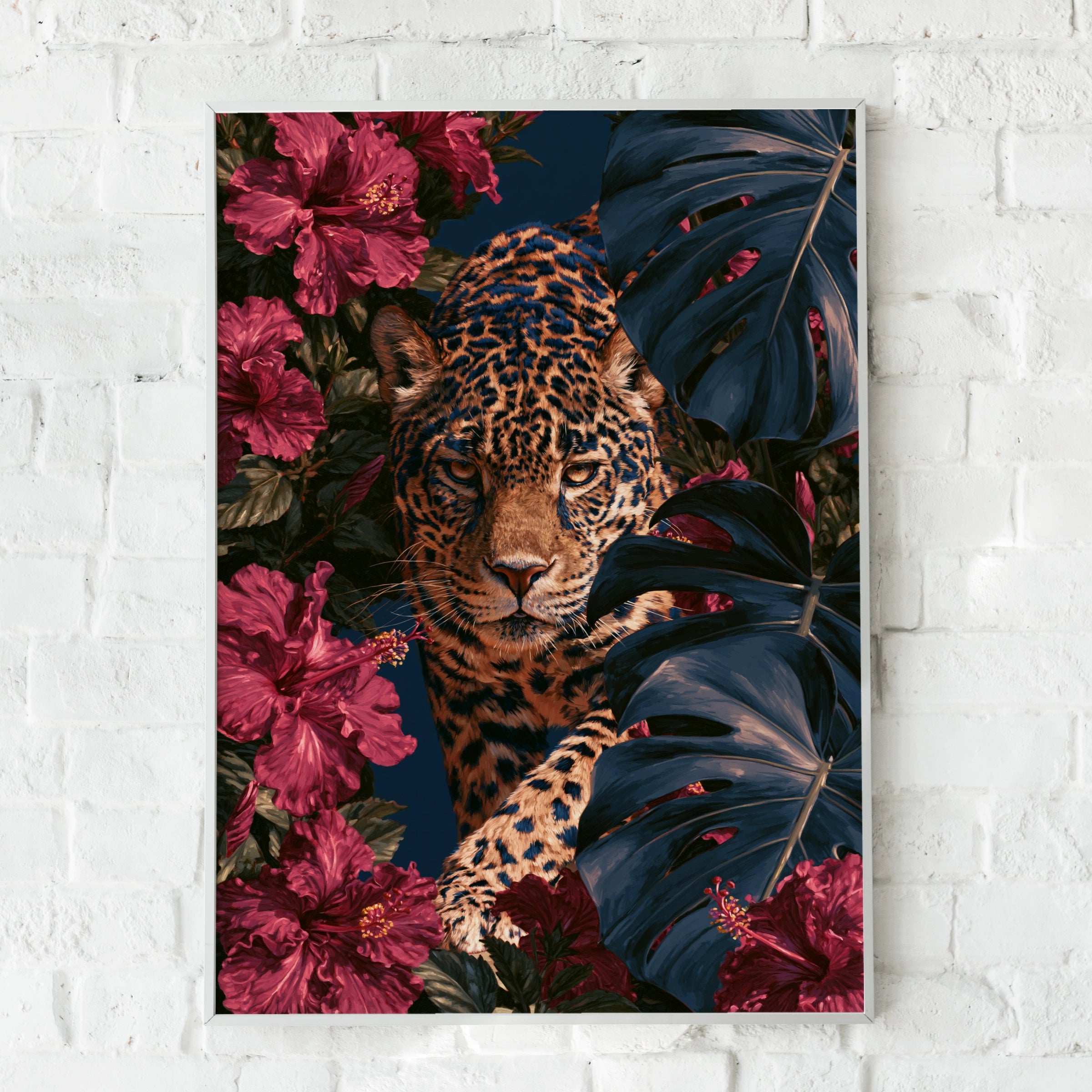 Jaguar Hibiscus Monstera Poster, Tropical Wildlife Wall Art Print