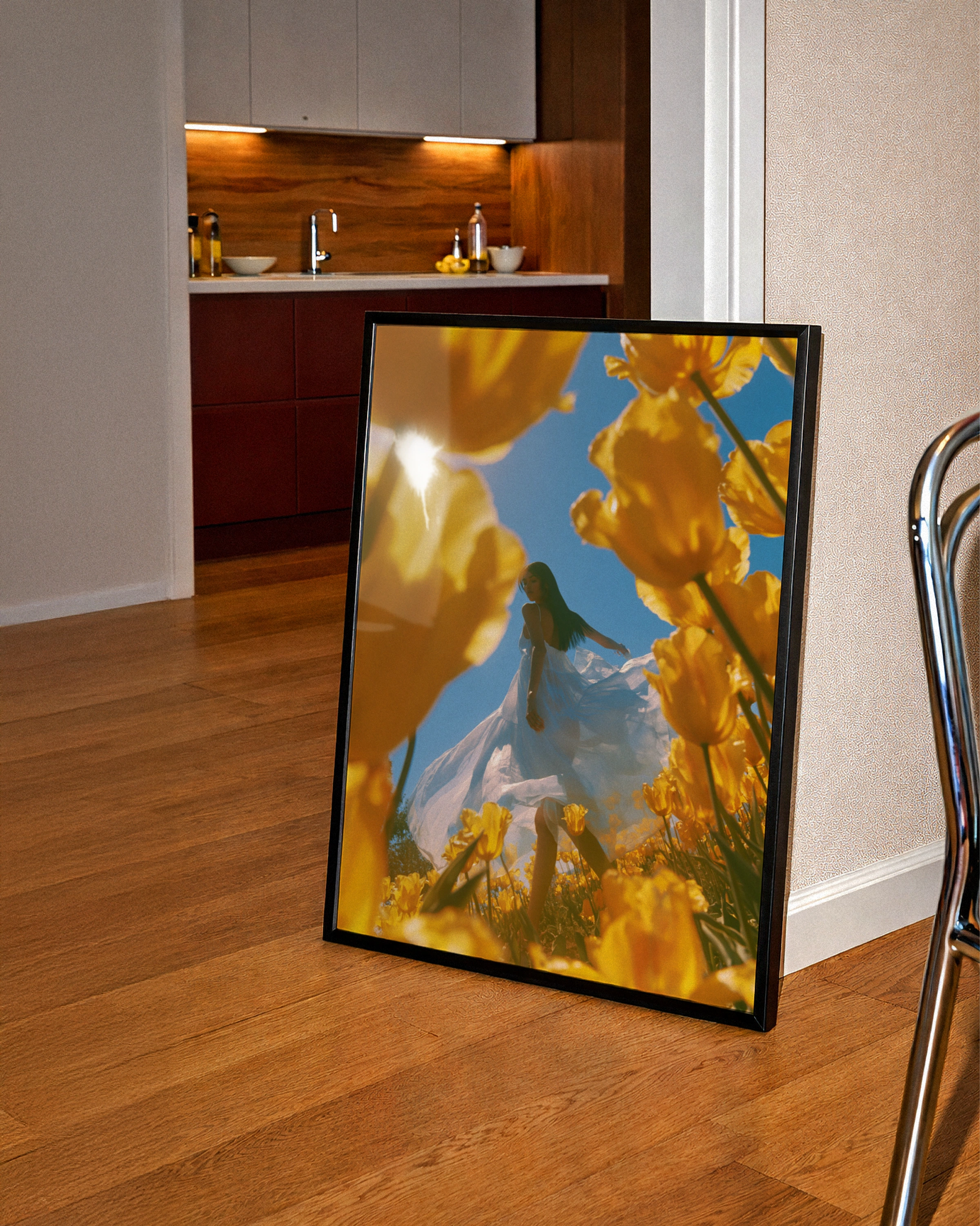 Woman in Yellow Tulip Field Poster, White Dress Floral Wall Art, Spring