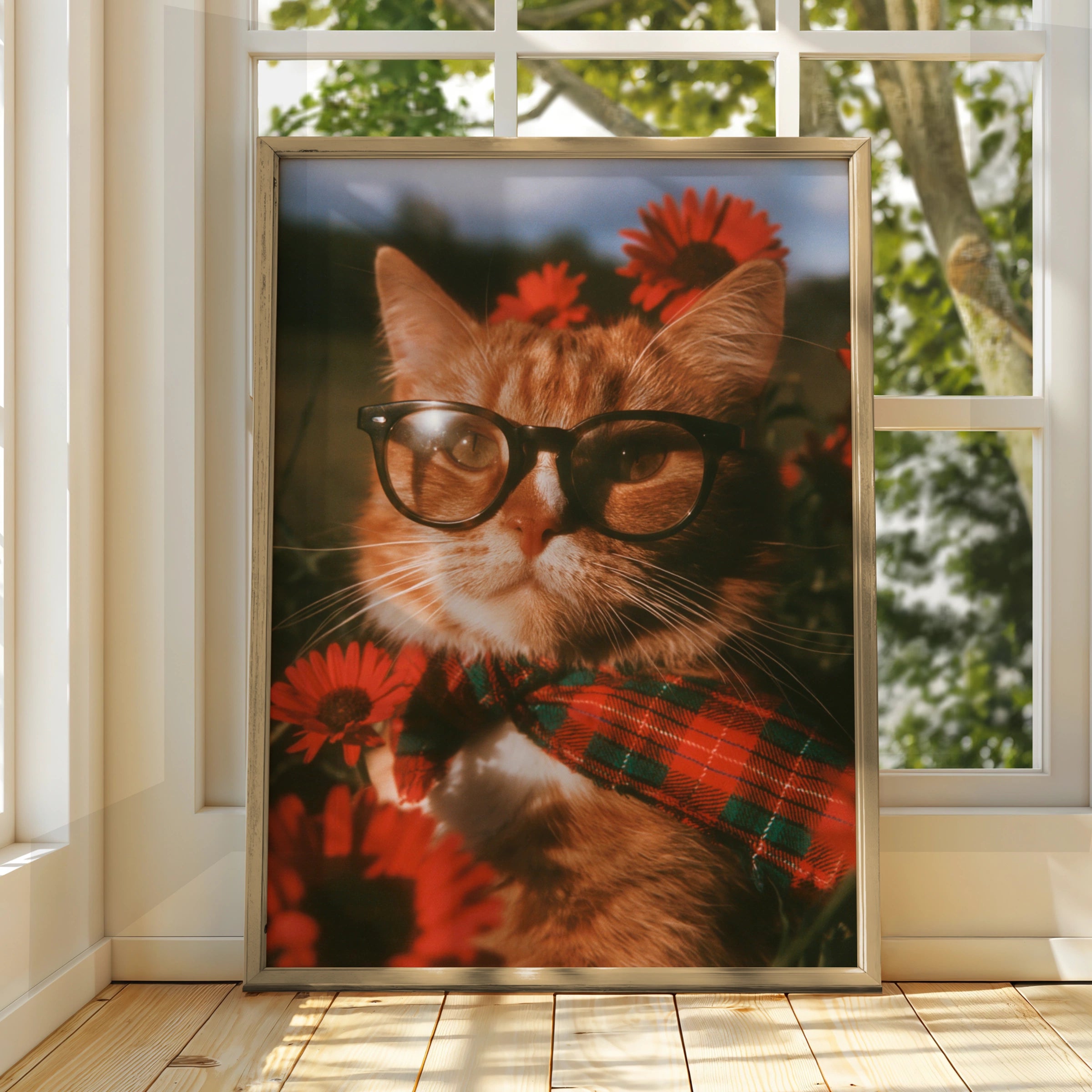 Cat Wearing Glasses Flowers Poster, Ginger Cat Wall Art, Retro Floral Print