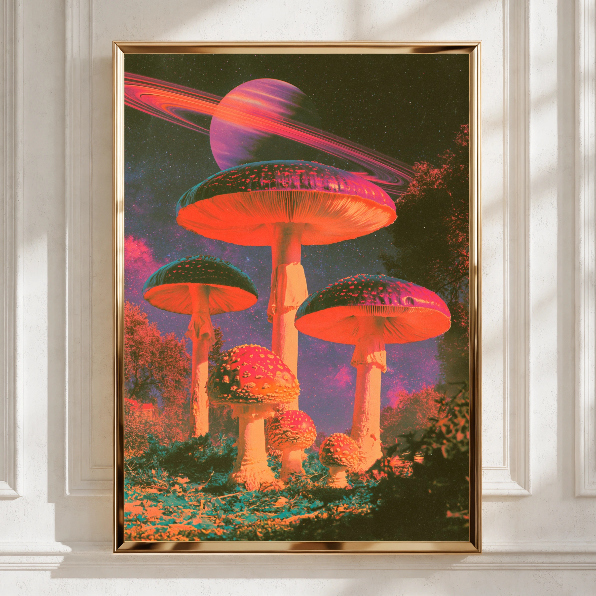Surreal Mushroom Saturn Space Poster, Psychedelic Fungi Wall Art Print
