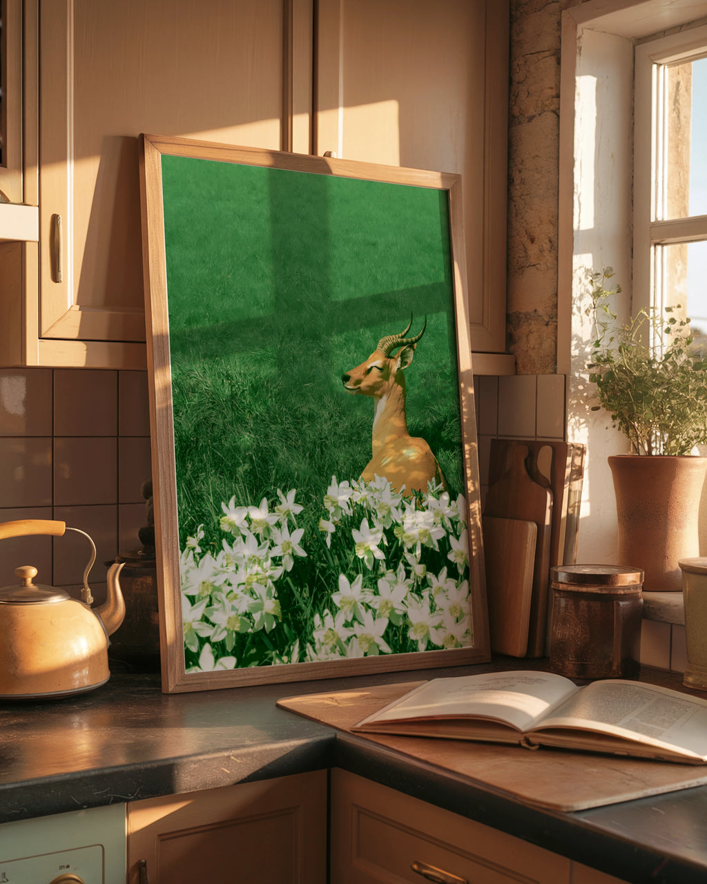 Antelope in Flowers Poster, Wildlife Botanical Wall Art, Green Nature Print