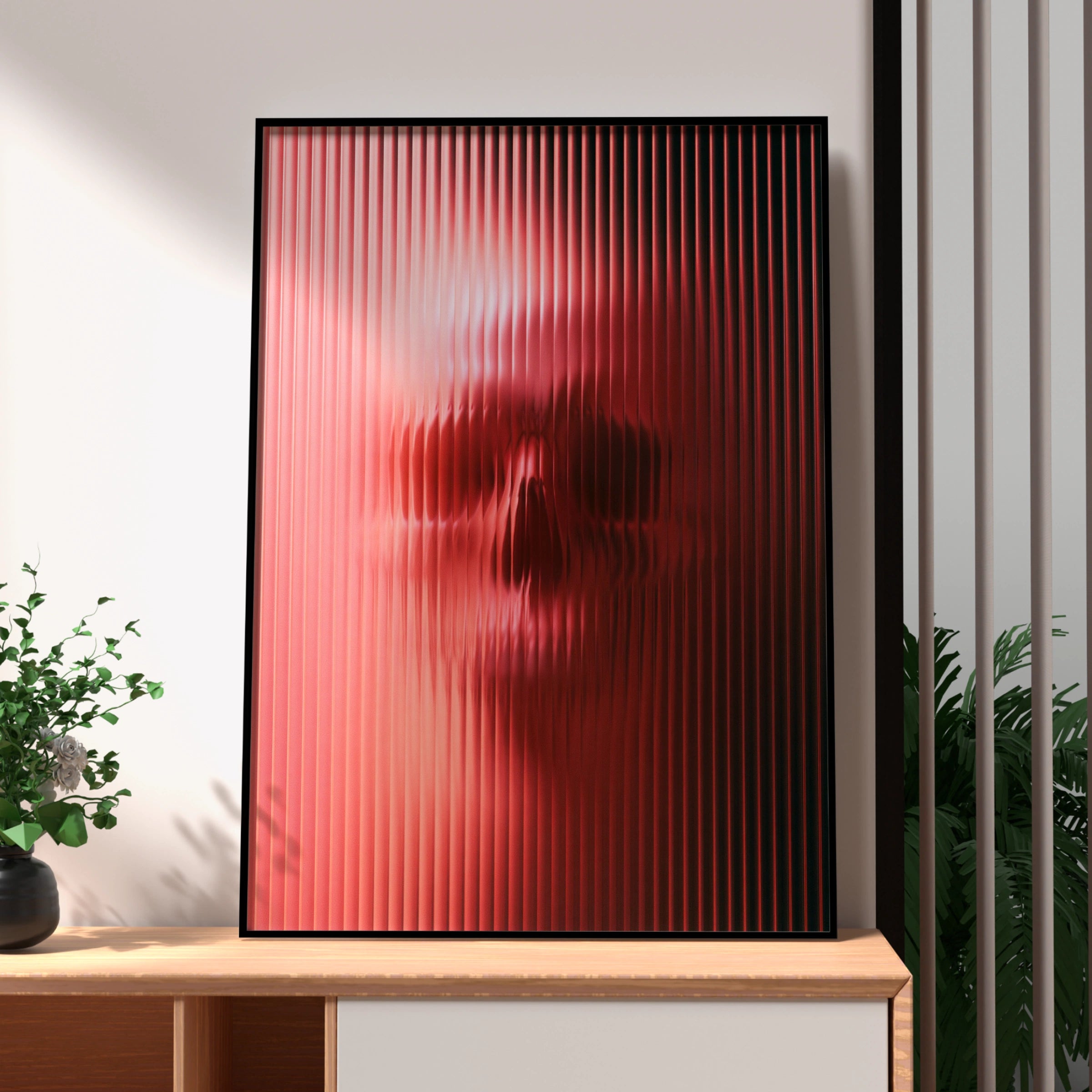 Skull Through Glass Poster, Pink Red Abstract Art Print, Dark Moody Wall Art