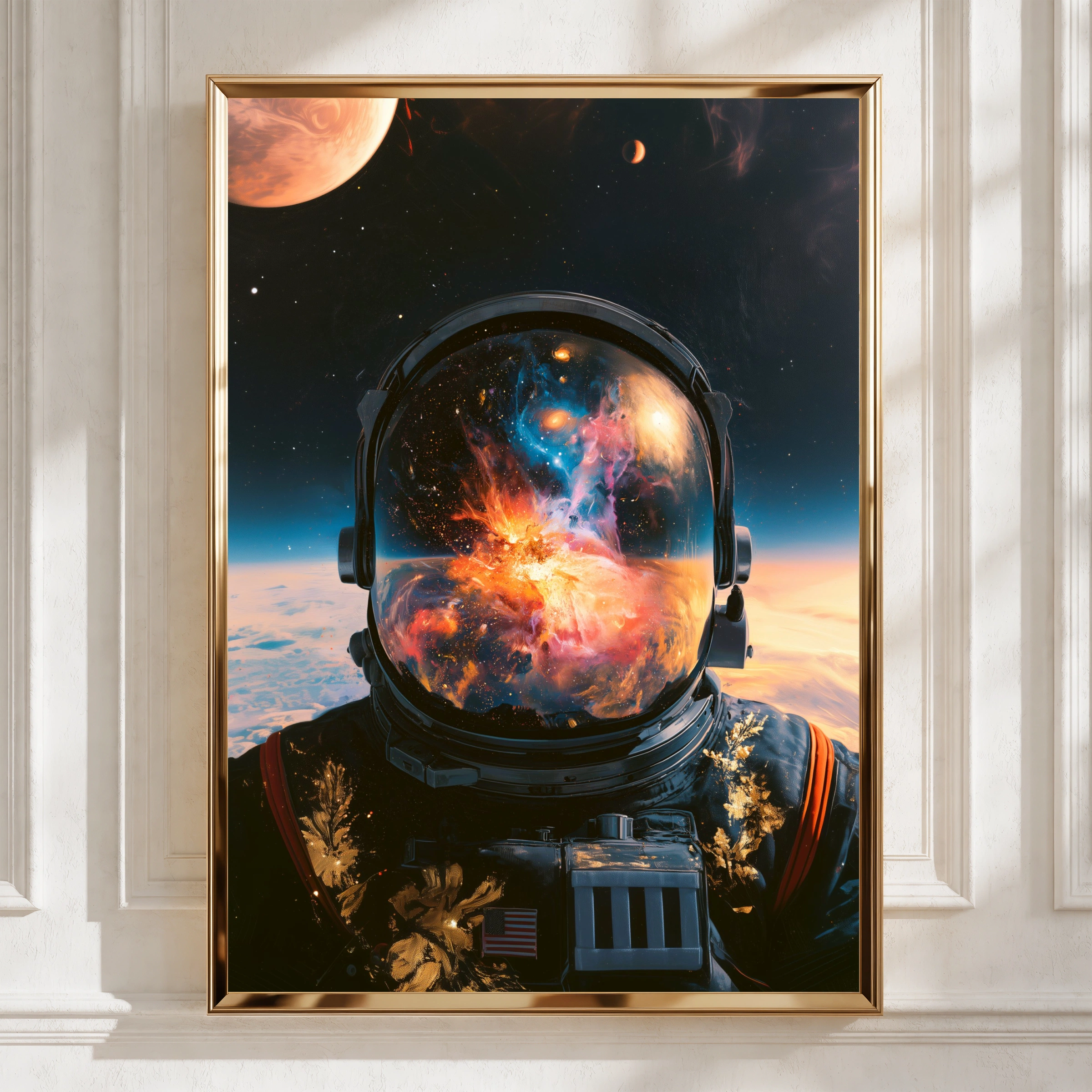 Astronaut Abstract Space Poster, Nebula Galaxy Helmet Reflection, Modern Wall Art