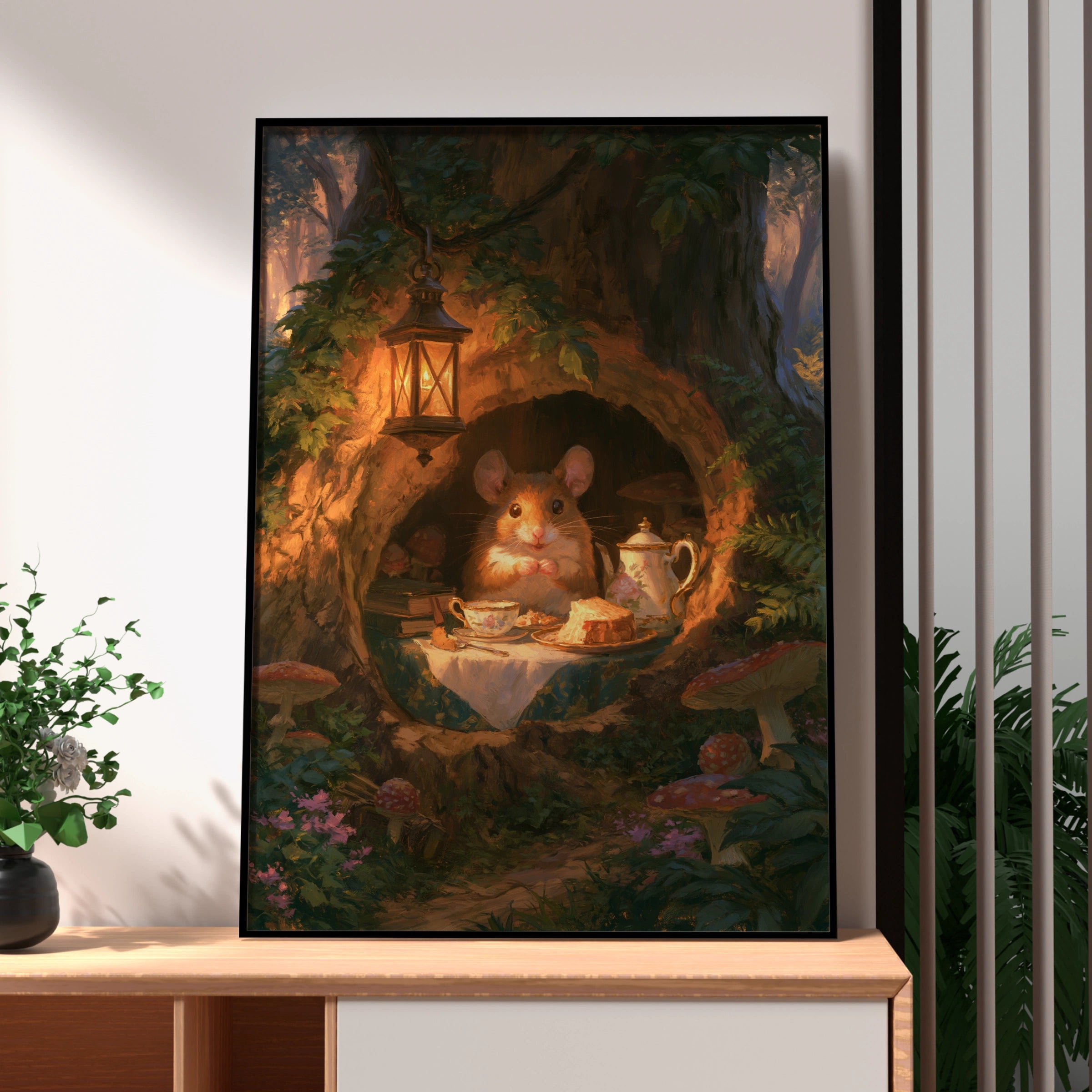 Mouse Tea Party Forest Poster, Cosy Cottagecore Wall Art, Whimsical Animal Print