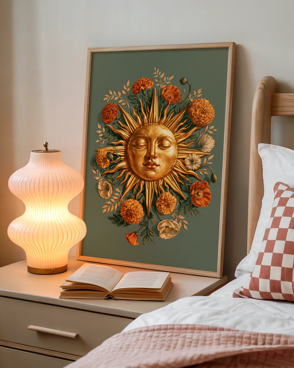 Golden Sun Face Floral Poster, Marigold Botanical Wall Art, Celestial Print