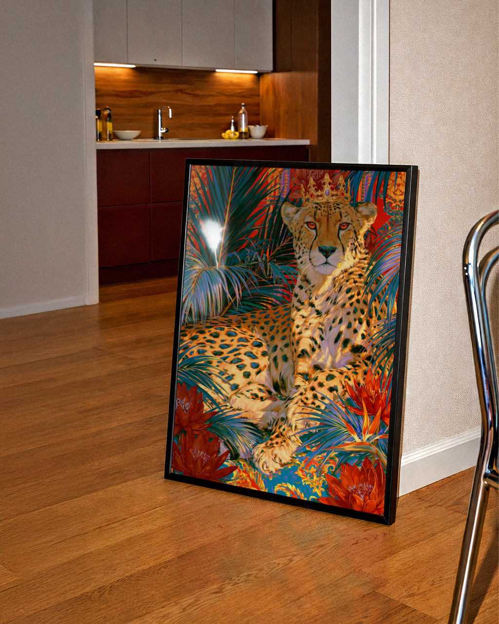 Crowned Cheetah Tropical Flowers Poster, Bold Maximalist Wall Art Print
