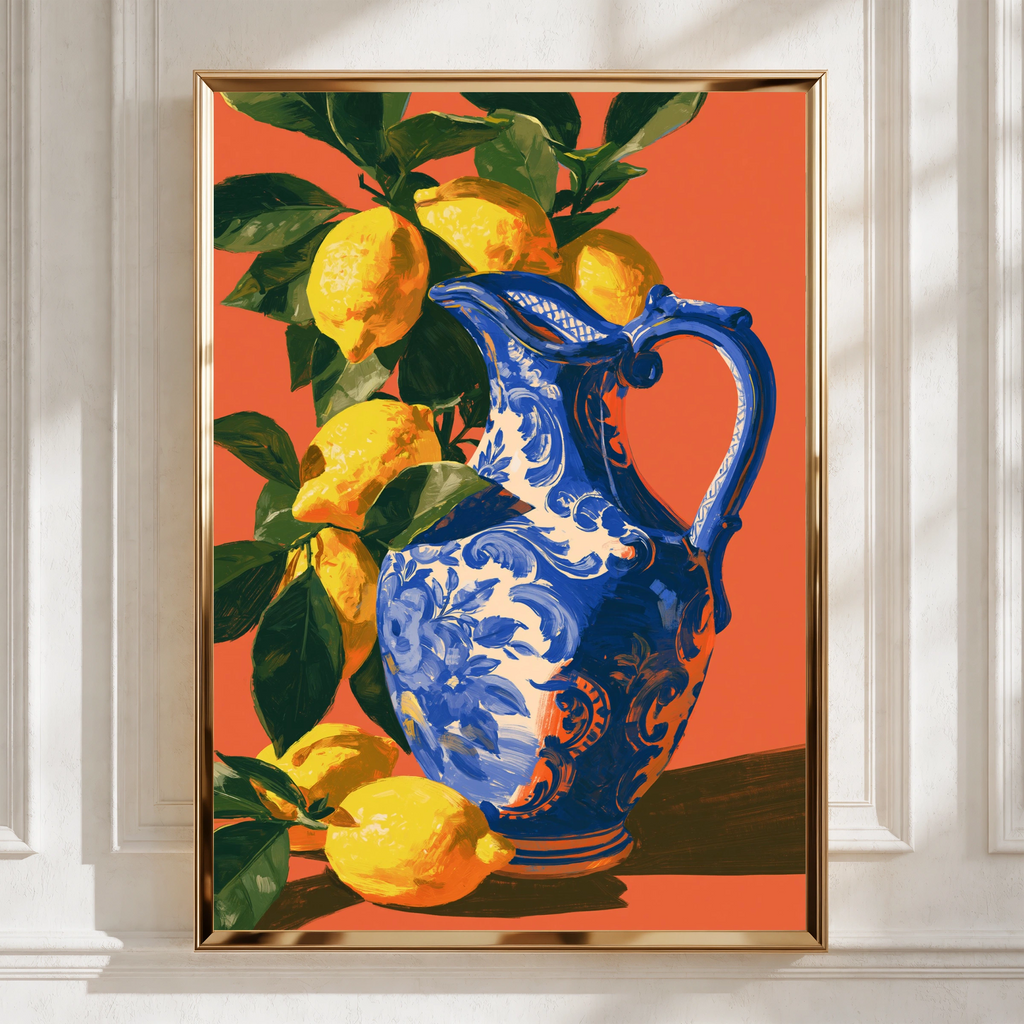 Porcelain Jug Lemons Wall Art Poster, Mediterranean Still Life Print, Orange