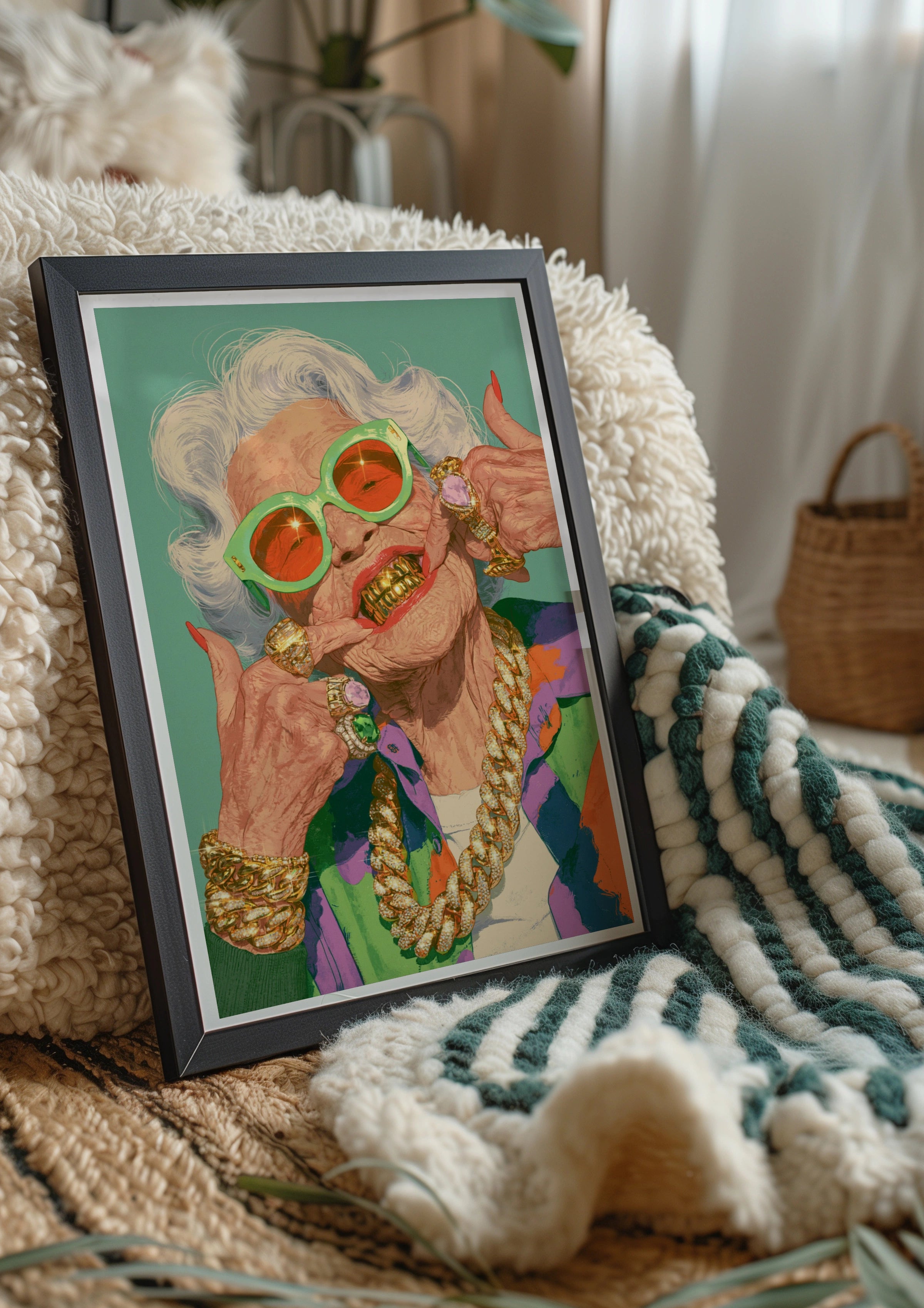 Grandma Grills Poster, Funny Old Lady Gold Teeth, Bold Pop Art Print