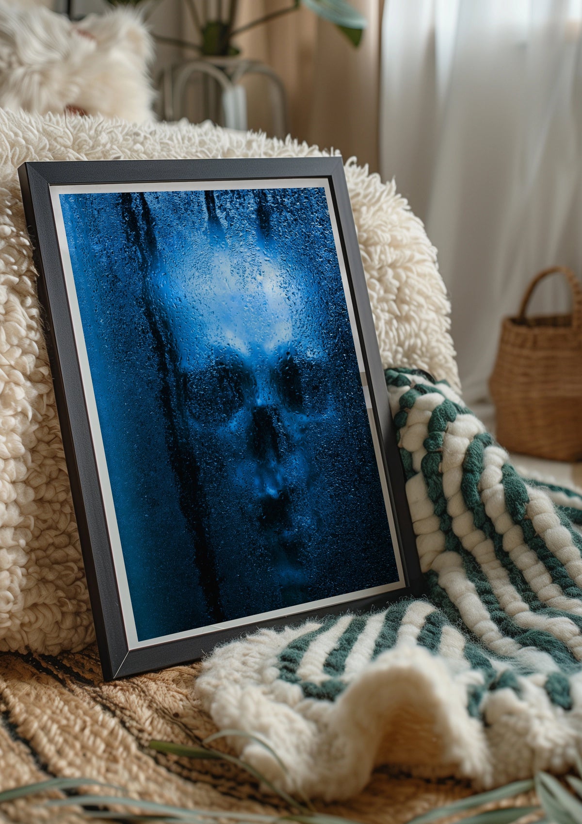 Skull Through Wet Glass Poster, Blue Gothic Wall Art, Dark Moody Print