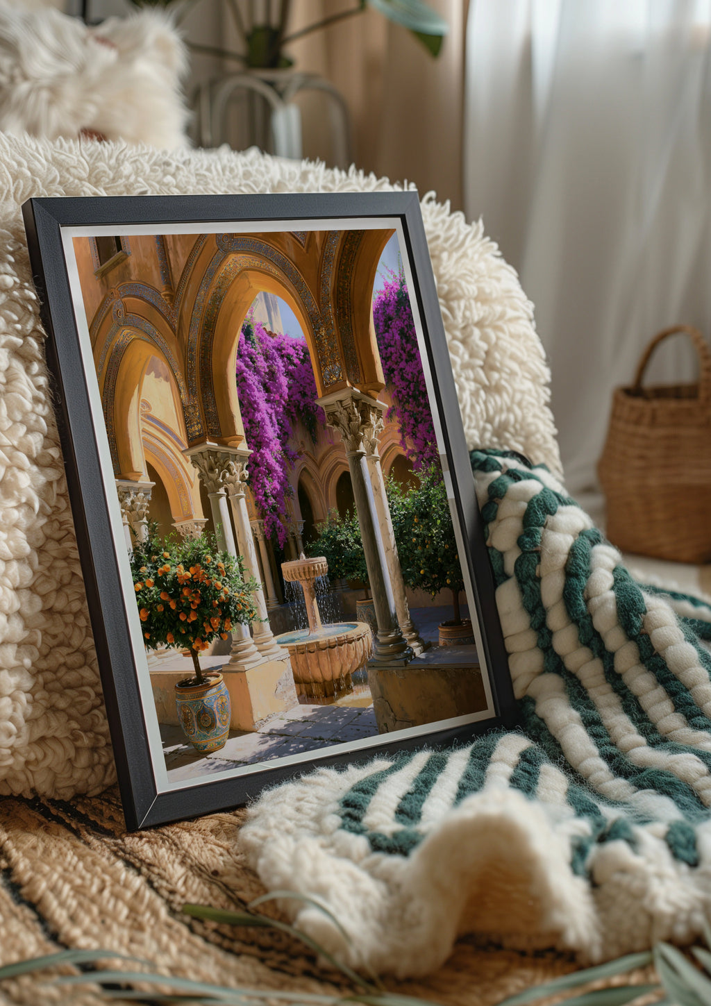 Sicilian Courtyard Mosaic Poster, Mediterranean Fountain Wall Art Print