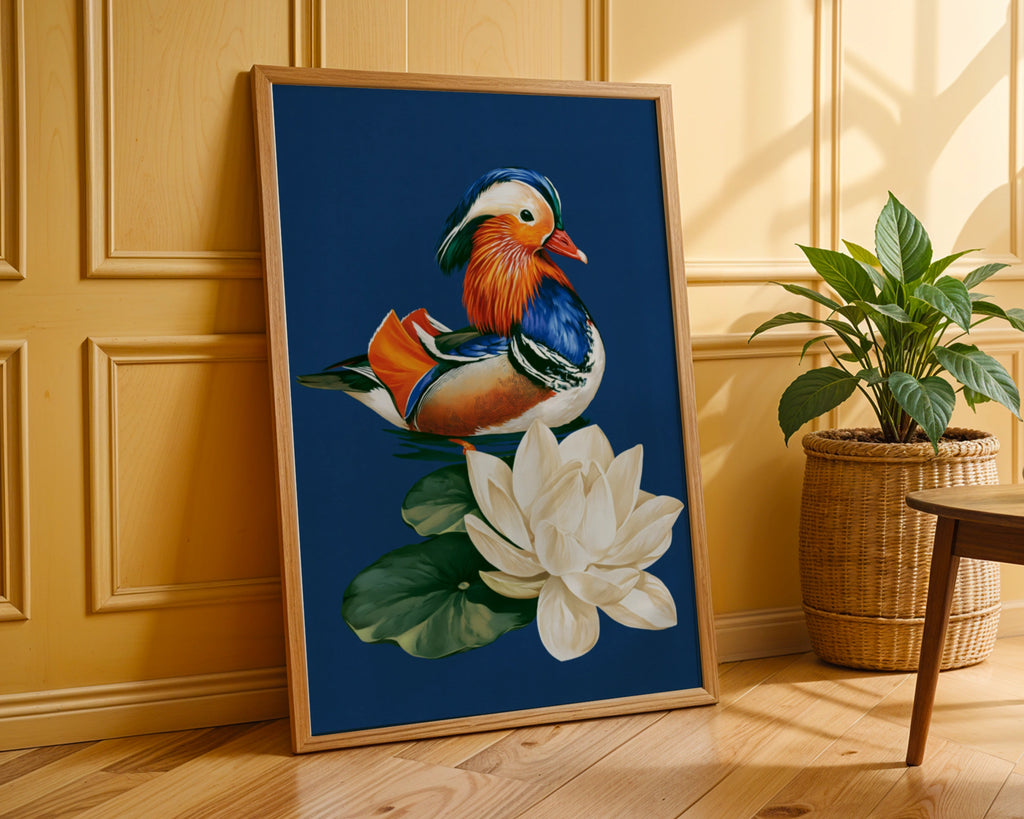 Mandarin Duck Lotus Flower Poster, Colourful Bird Wall Art, Oriental Style Print