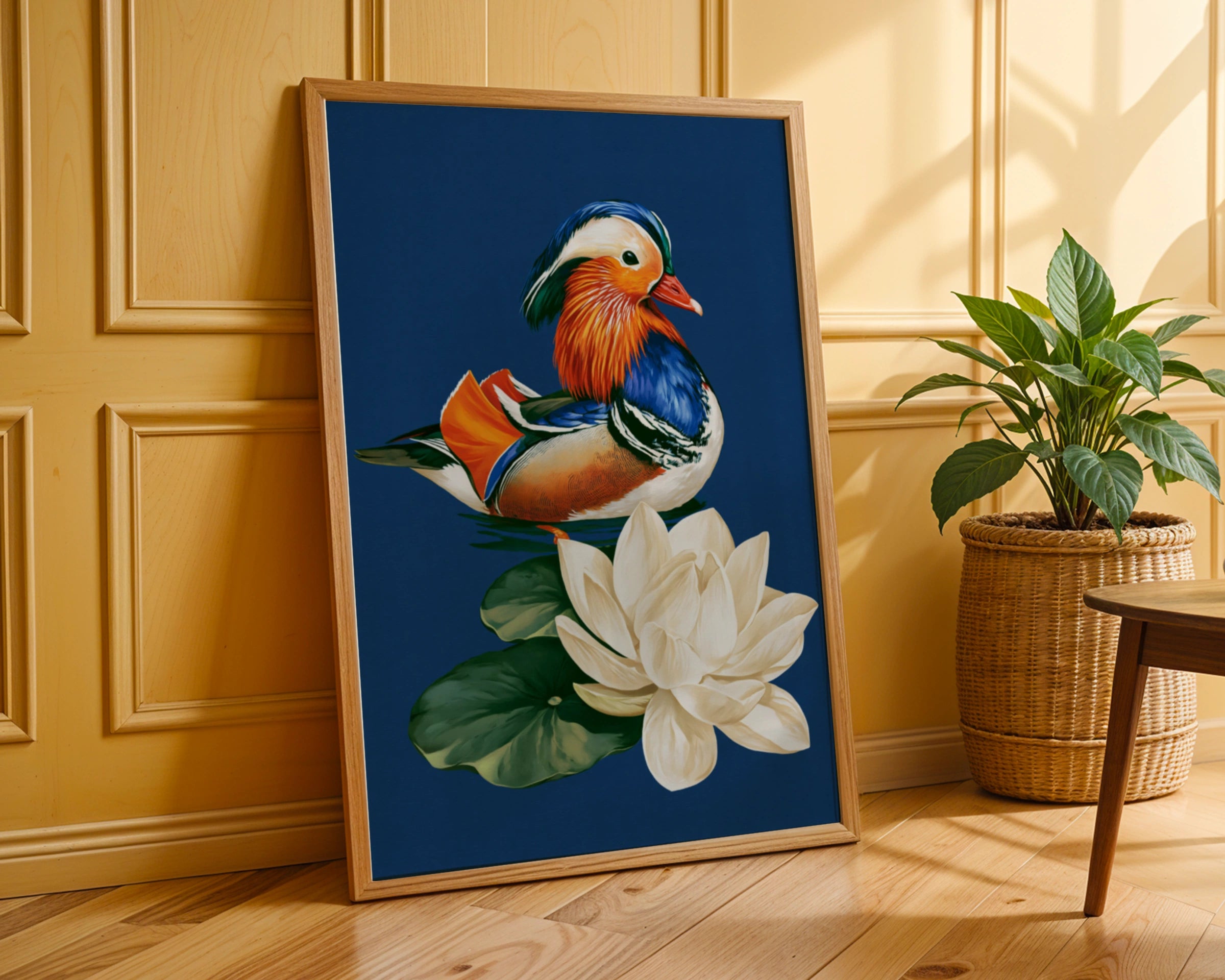 Mandarin Duck Lotus Flower Poster, Colourful Bird Wall Art, Oriental Style Print