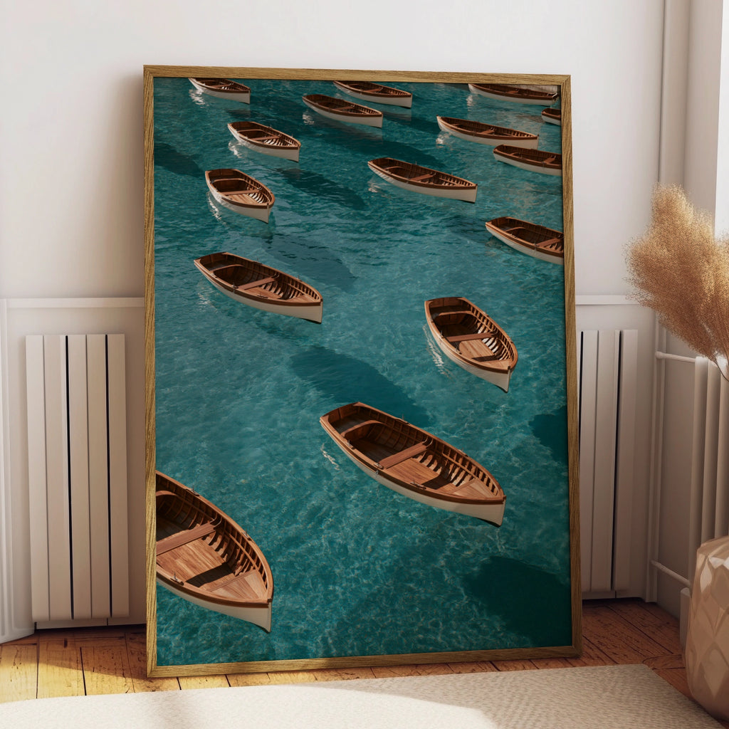 Wooden Rowing Boats Pattern Poster, Turquoise Ocean Wall Art Print