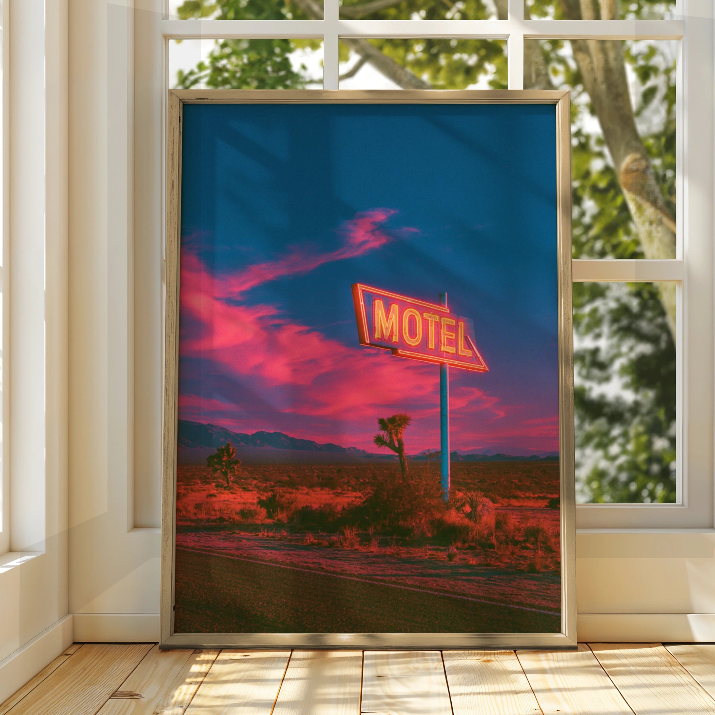 Neon Motel Sign Desert Sunset Poster, Retro Americana Wall Art, Route 66