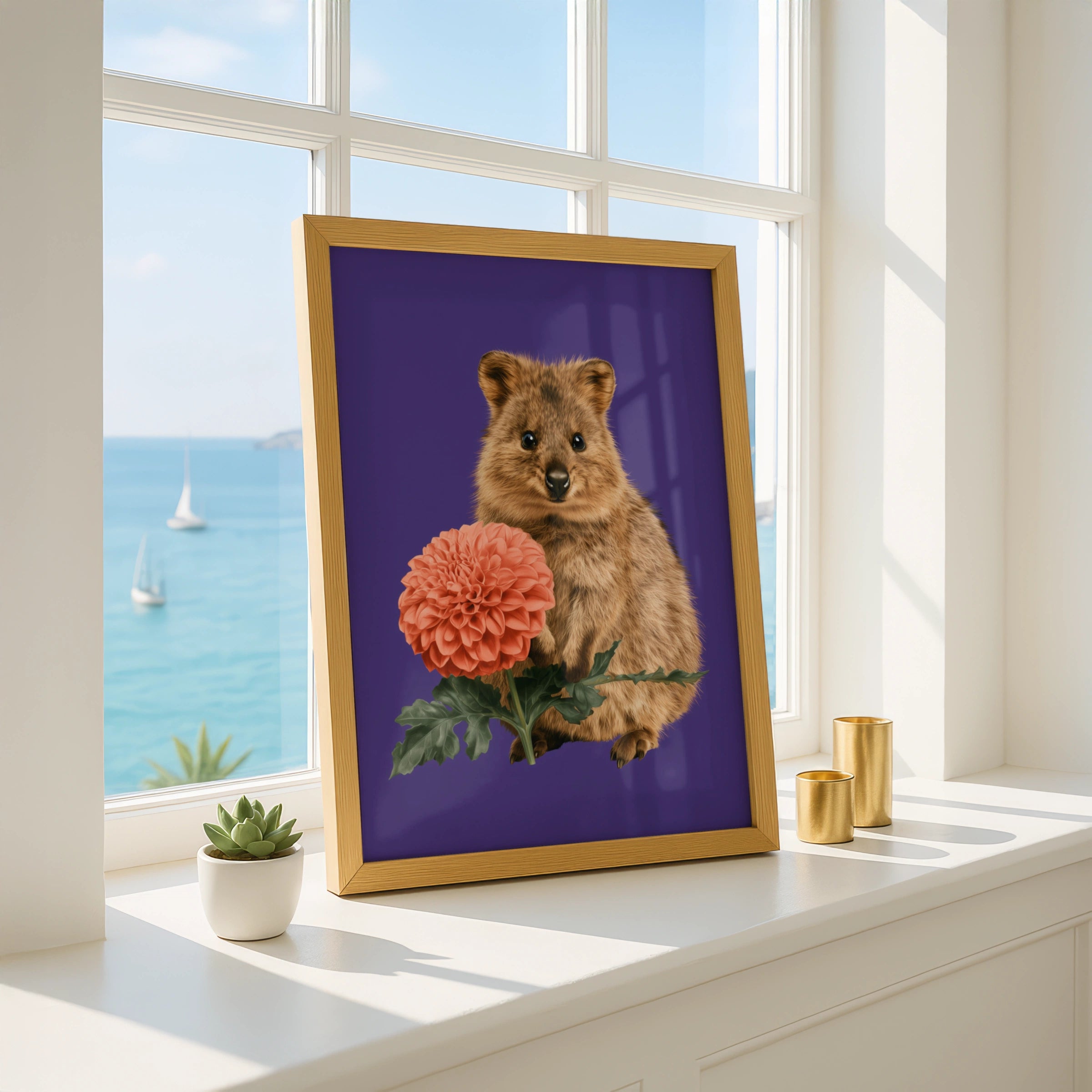 Quokka with Dahlia Flower Poster, Australian Animal Wall Art Print