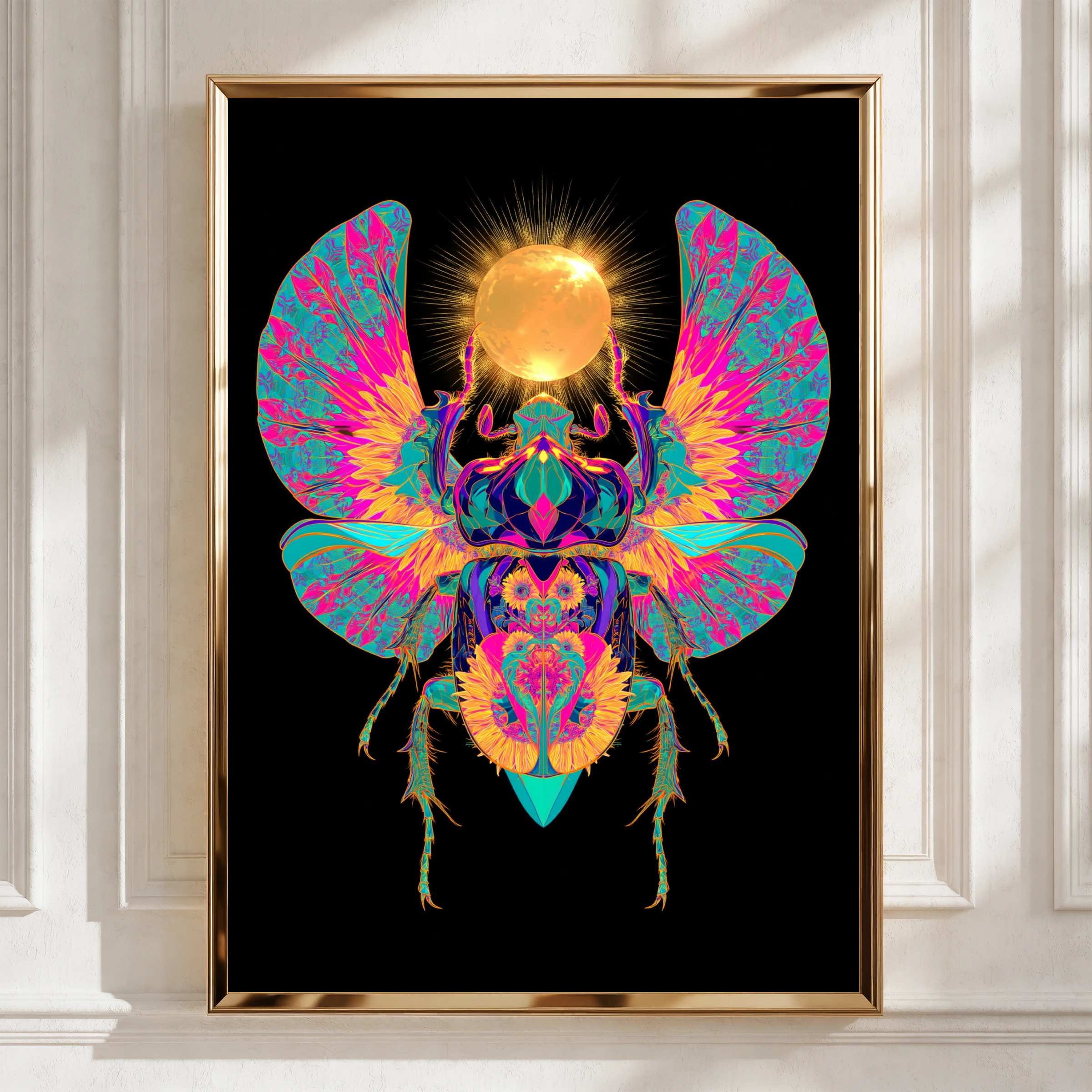Egyptian Scarab Beetle Poster, Neon Sun Art, Psychedelic Wall Print