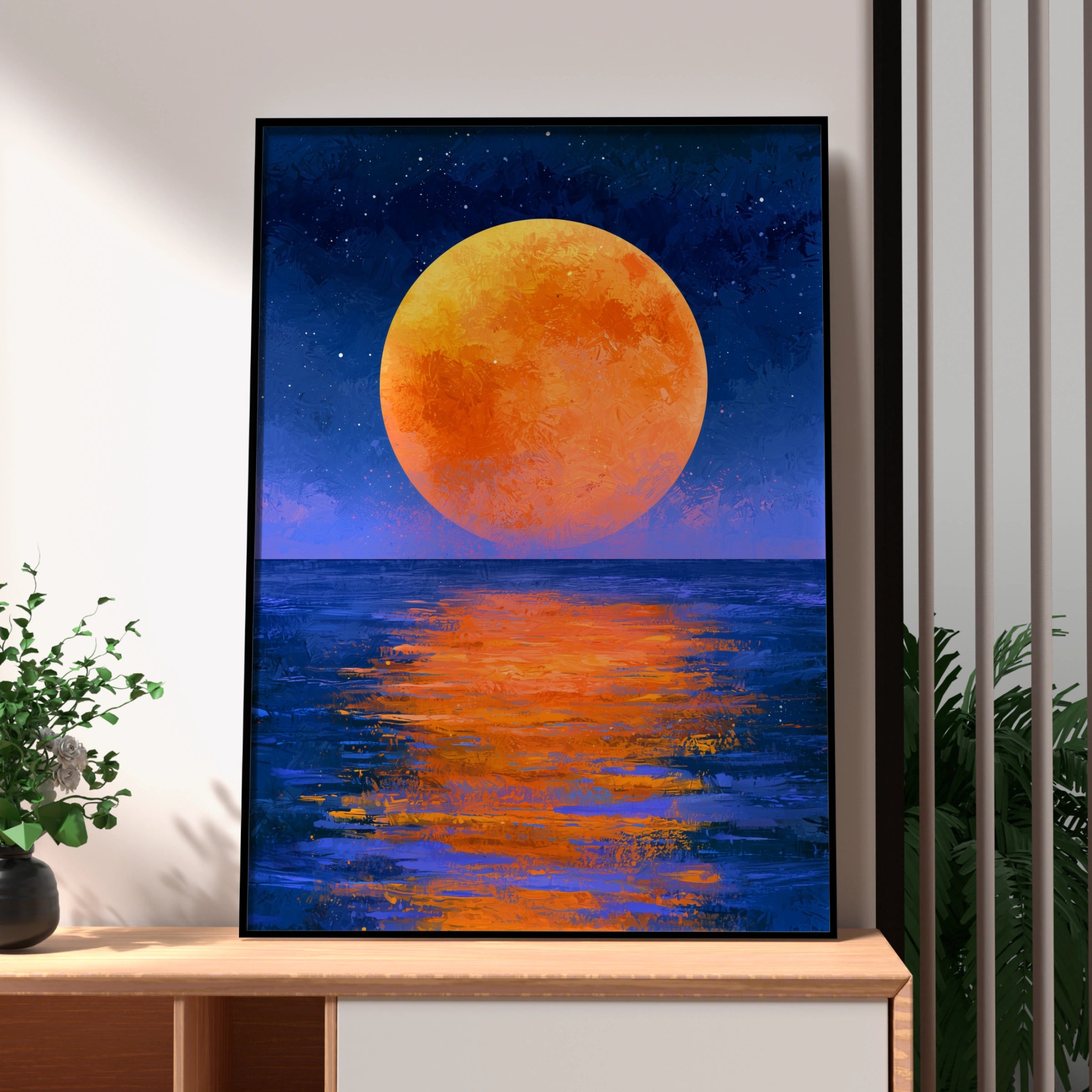 Orange Full Moon Over Ocean Wall Art Poster, Night Sky Print, Painterly Style
