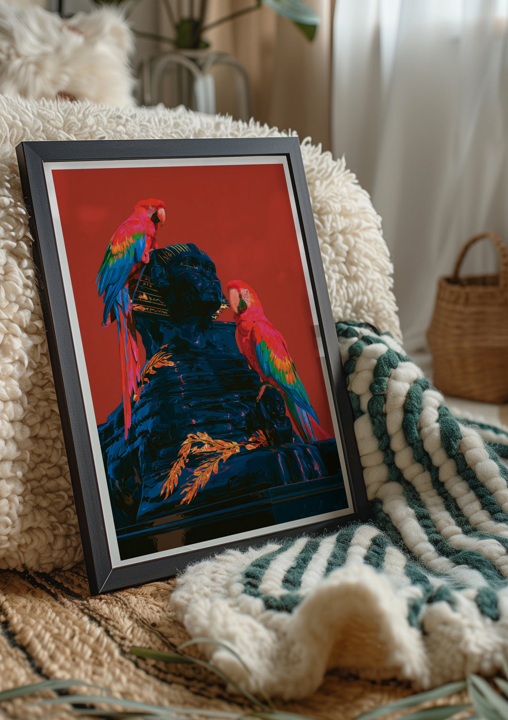 Parrots on Sphinx Statue Wall Art Poster, Bold Red Tropical Bird Print