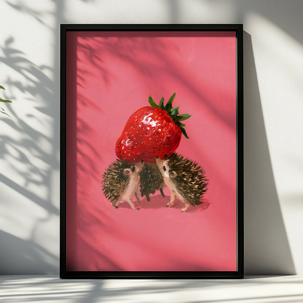 Hedgehogs Carrying Strawberry Poster, Cute Animal Wall Art, Pink Illustrated Print