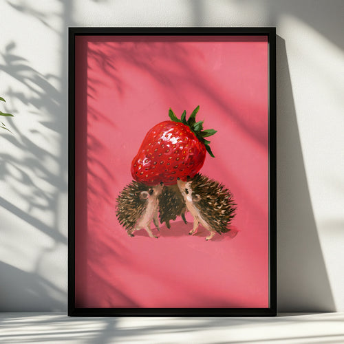 Hedgehogs Carrying Strawberry Poster, Cute Animal Wall Art, Pink Illustrated Print