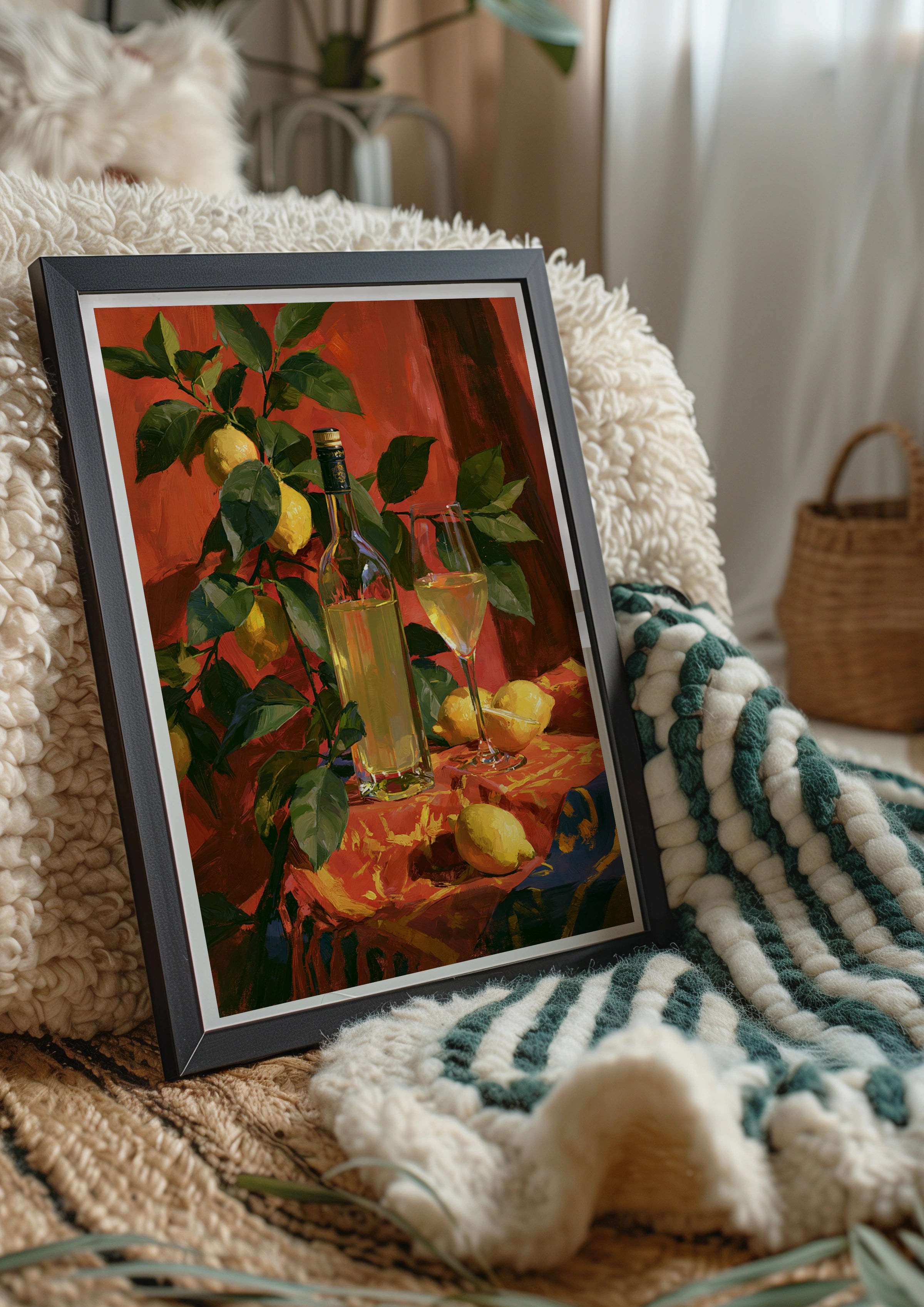 Limoncello Still Life Poster, Lemon Tree Red Table, Italian Oil Painting Style