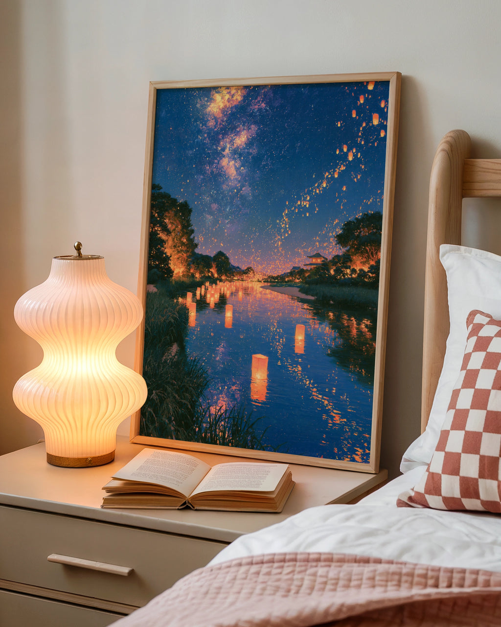 Lantern Festival Water Reflection Poster, Sky Lanterns Night Scene, Asian Art Print
