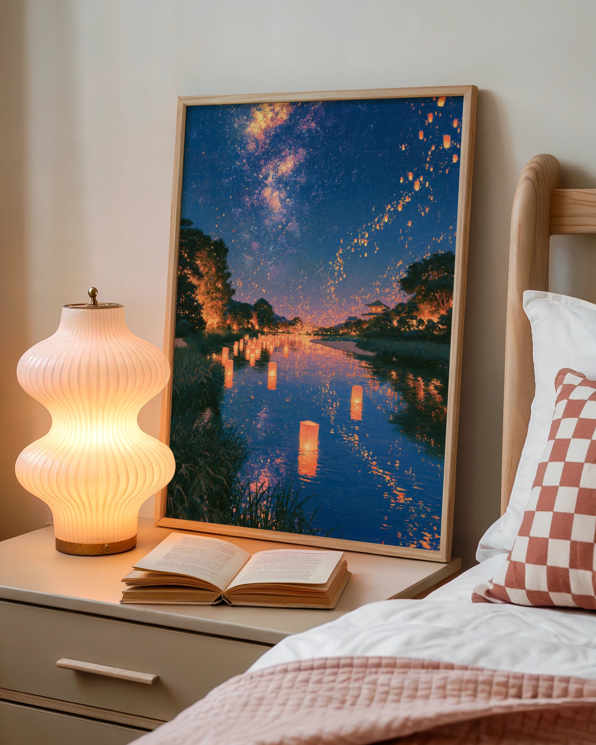 Lantern Festival Water Reflection Poster, Sky Lanterns Night Scene, Asian Art Print