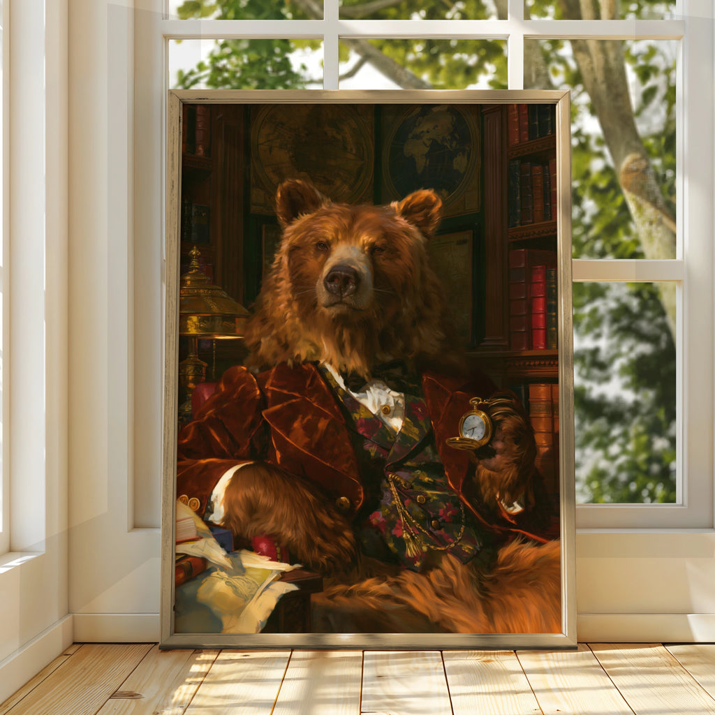 Smart Bear Portrait Poster, Victorian Gentleman Library, Regal Animal Art Print
