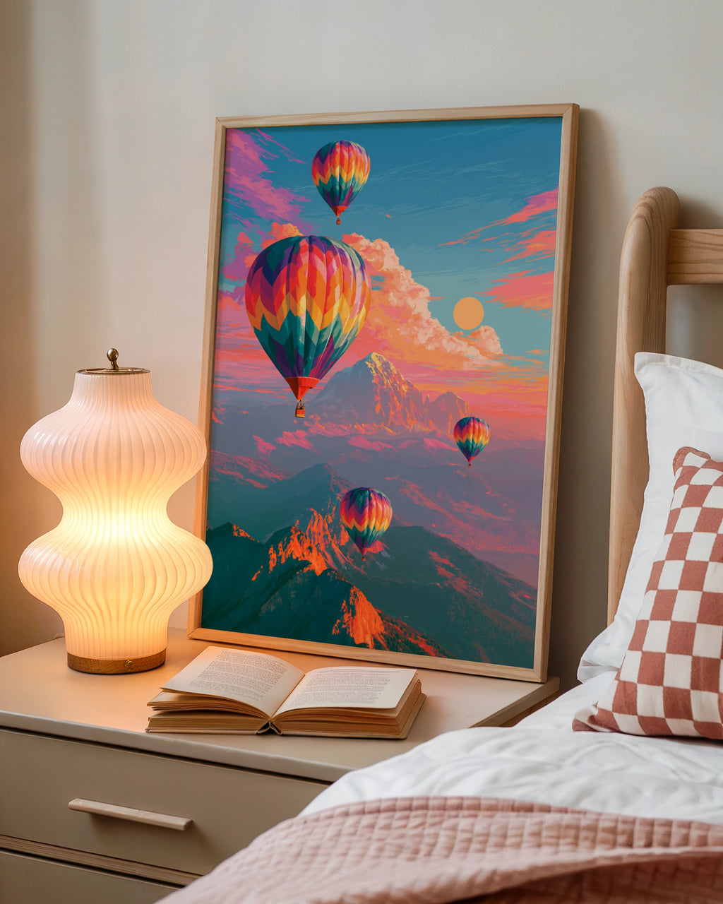 Hot Air Balloons Over Mountains Poster, Colourful Sky Art Print