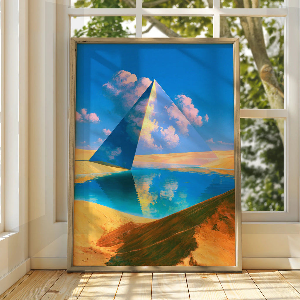 Glass Pyramid Desert Oasis Poster, Surreal Landscape, Vibrant Blue Wall Art