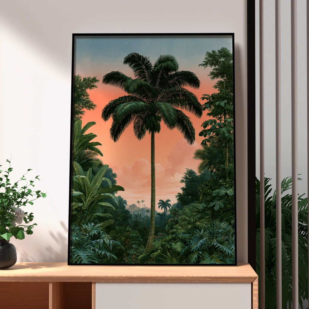Palm Tree Sunset Poster, Tropical Jungle Wall Art, Vintage botanical Print