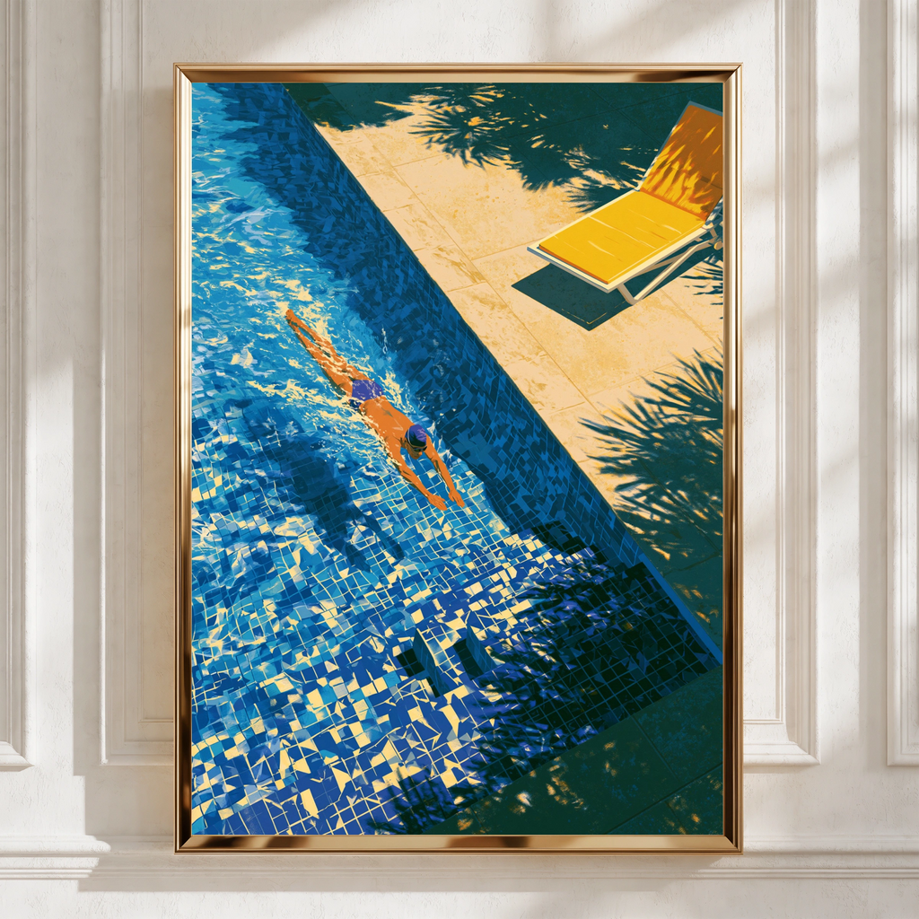 Swimming Pool Poster, Yellow Sun Lounger, Summer Art Print, Aerial View