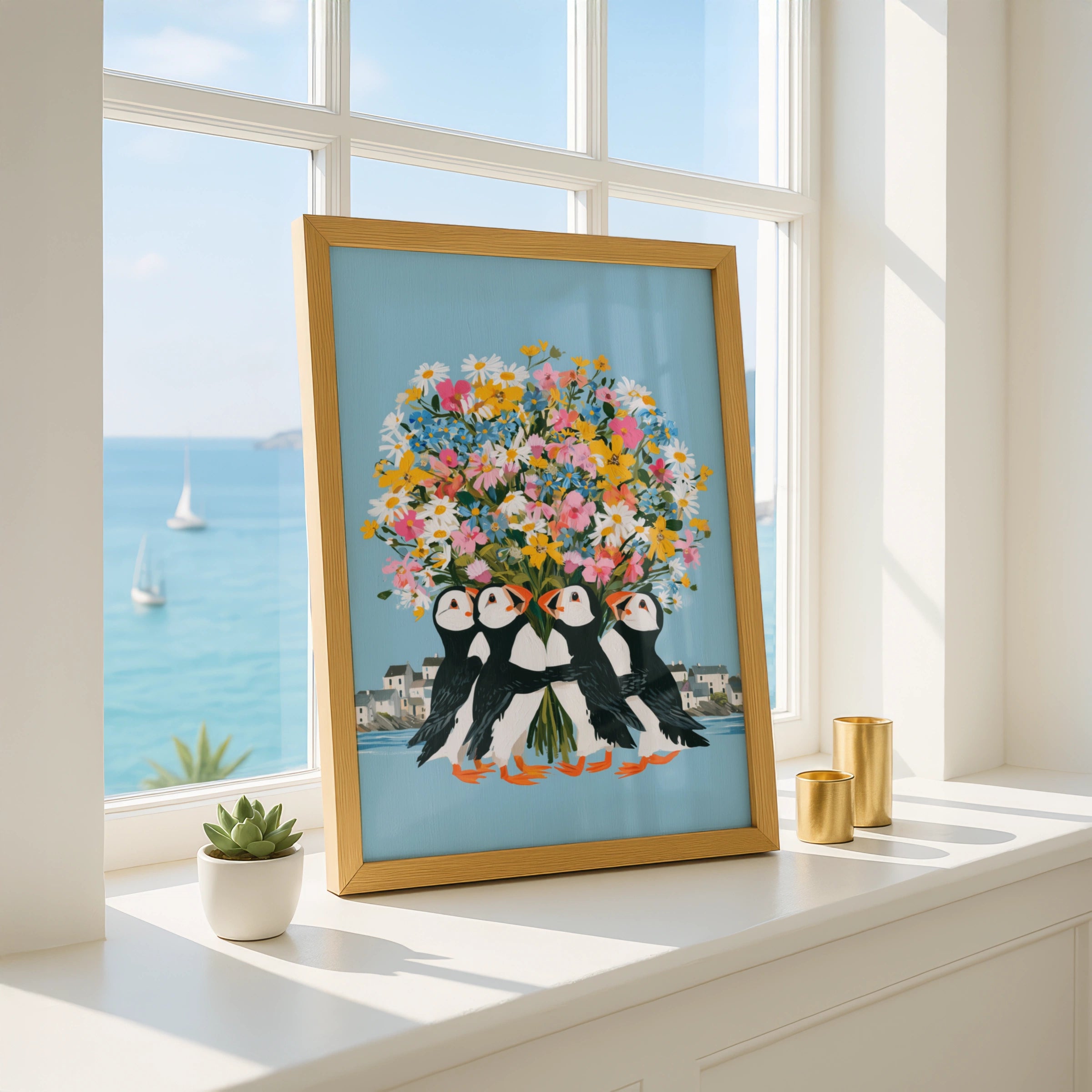 Puffins Bouquet Wall Art Poster, Floral Bird Print, Colourful Coastal Illustration