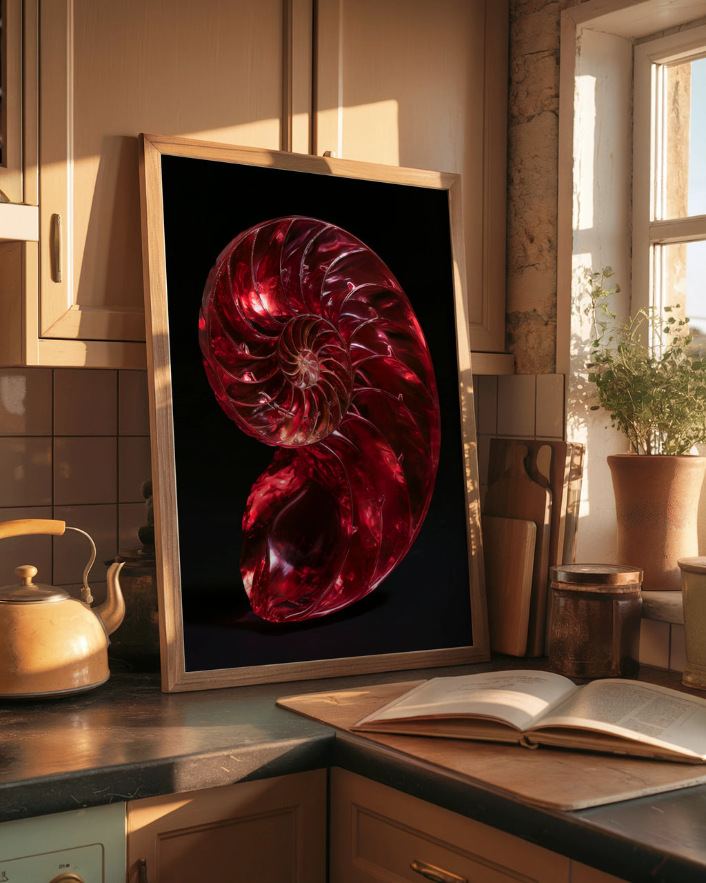 Red Nautilus Shell Poster, Spiral Fibonacci Art Print, Bold Nature Wall Art