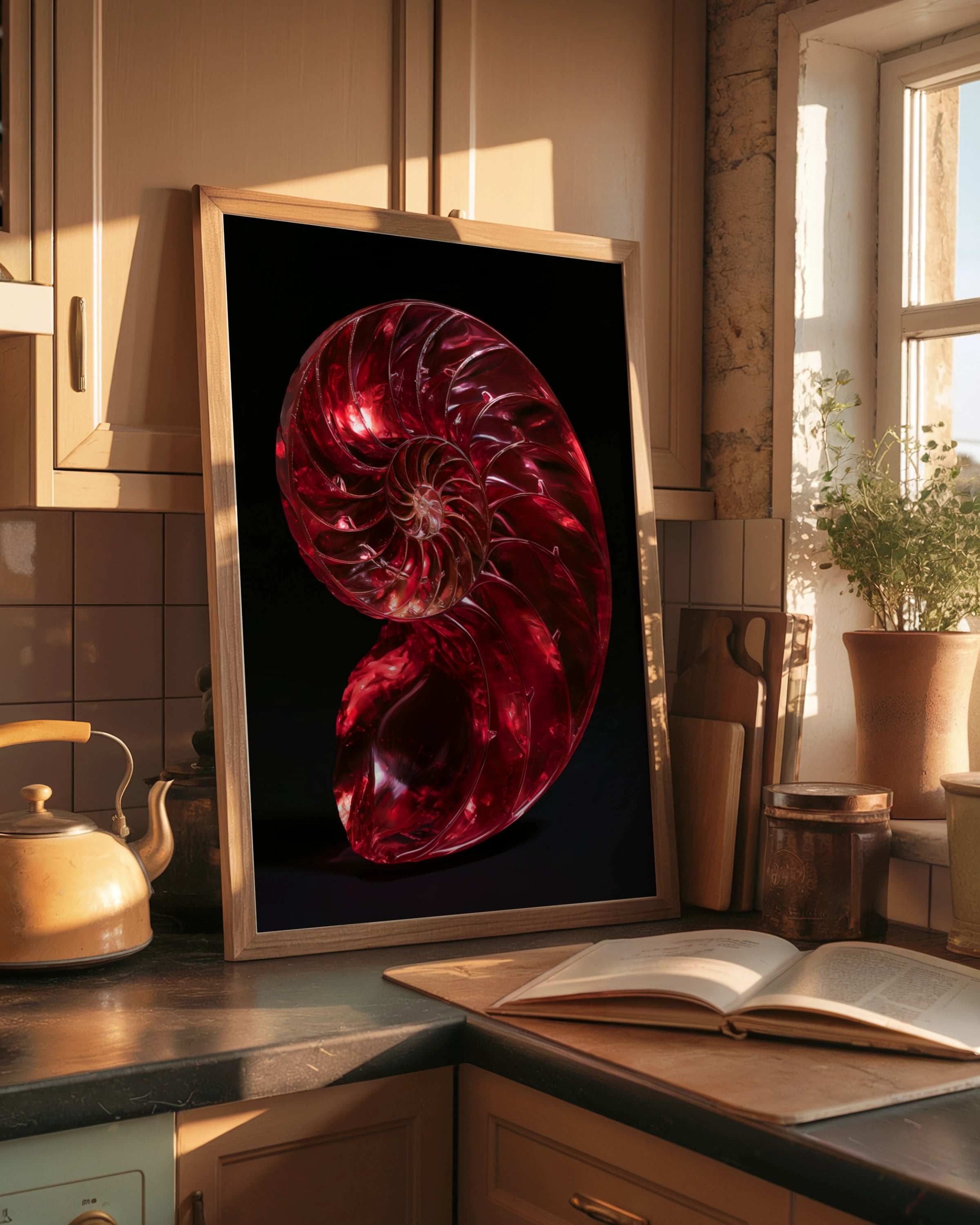 Red Nautilus Shell Poster, Spiral Fibonacci Art Print, Bold Nature Wall Art