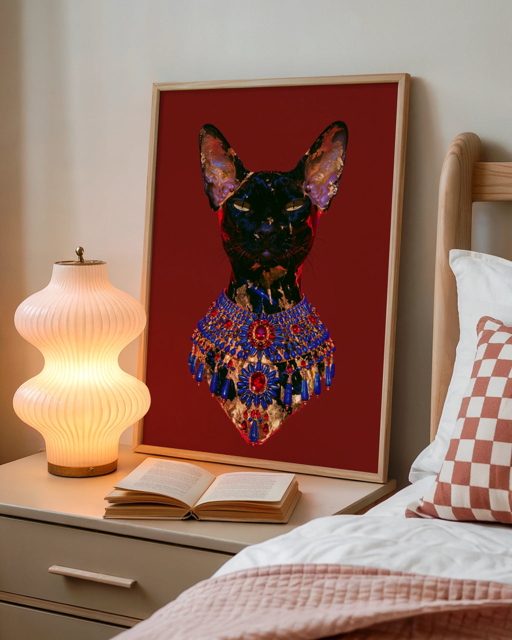 Bastet Egyptian Cat Goddess Poster, Dark Jewelled Art Print, Maximalist Wall Art