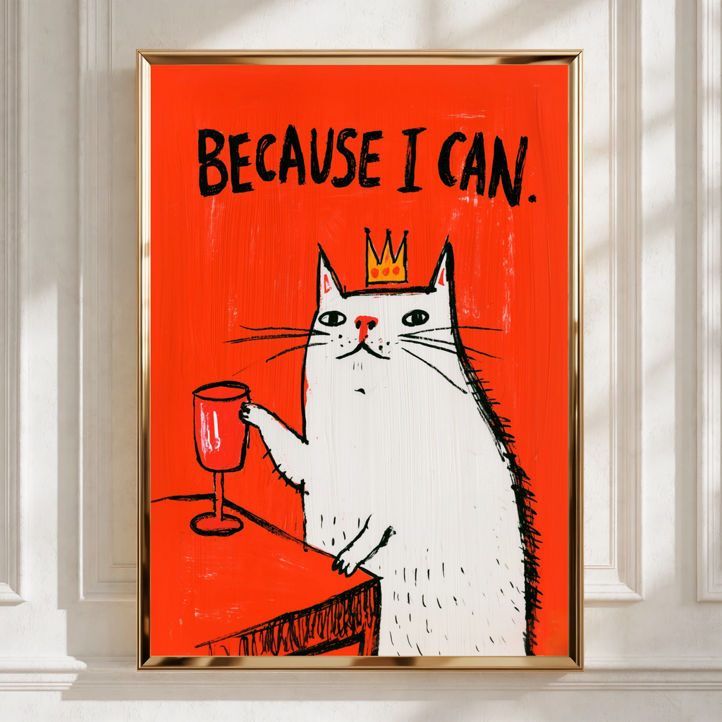Because I Can Cat Poster, Funny Cat Wall Art, Bold Red Illustration Print