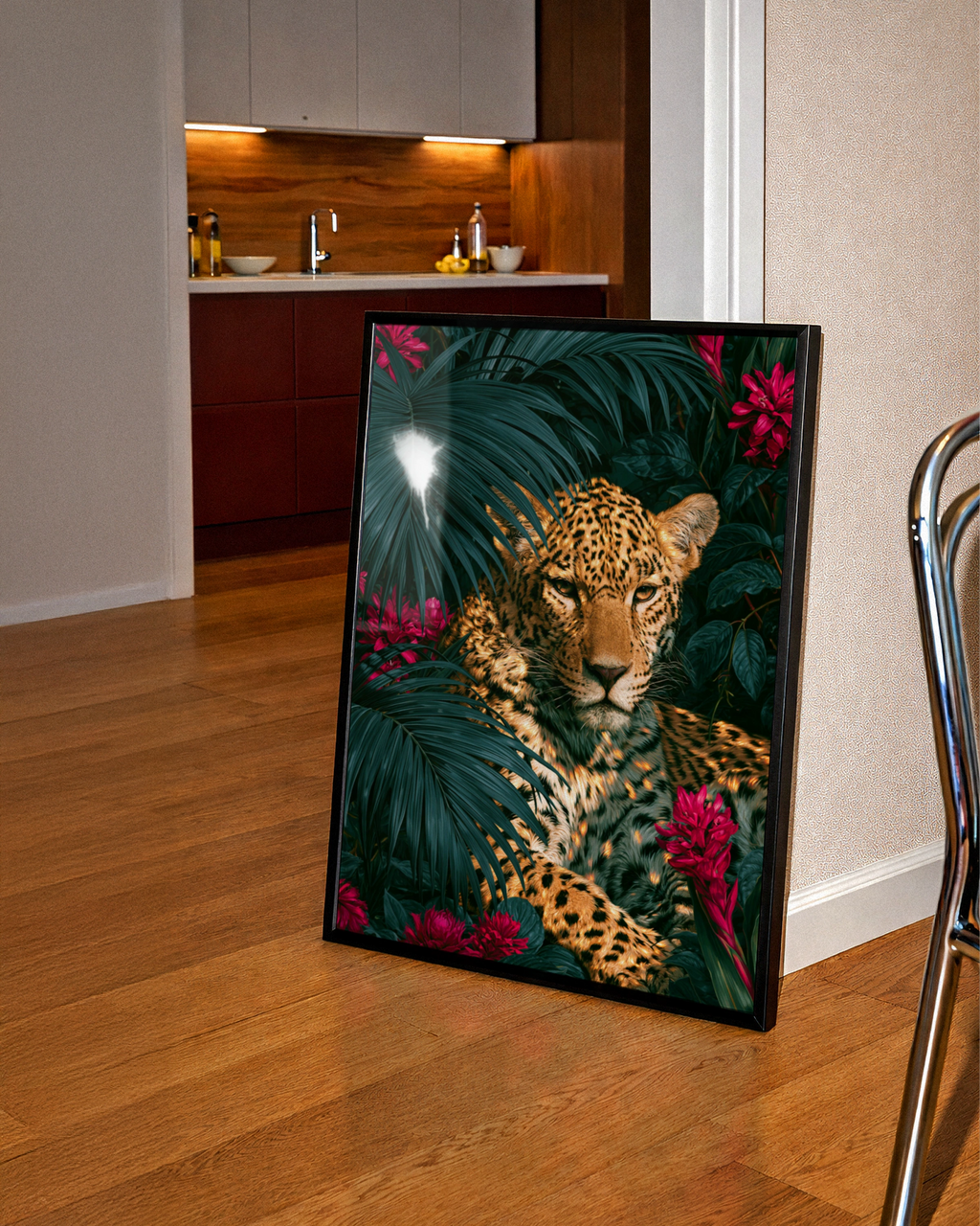 Jaguar Red Flowers Tropical Poster, Wild Cat Palm Leaves Wall Art Print