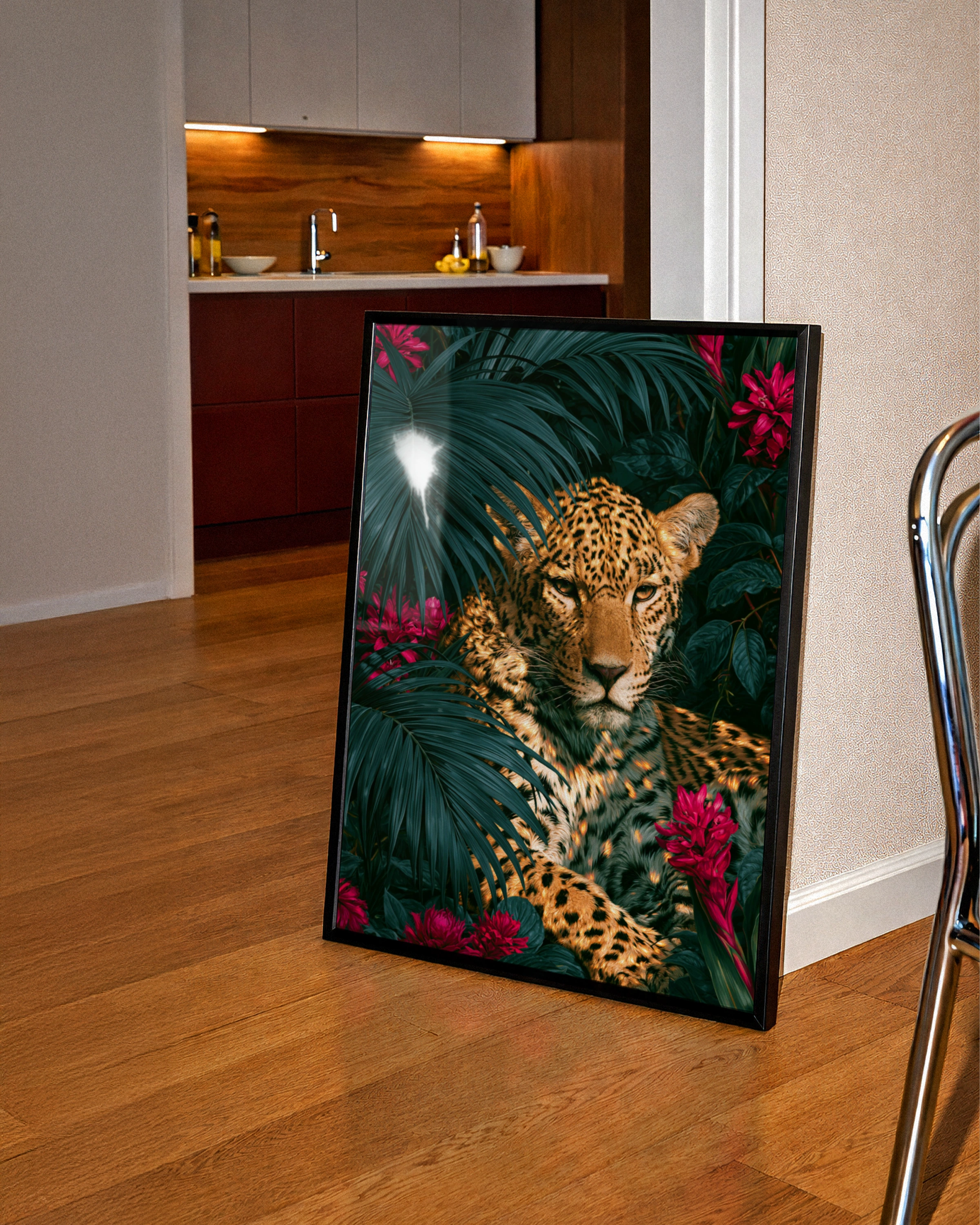 Jaguar Red Flowers Tropical Poster, Wild Cat Palm Leaves Wall Art Print