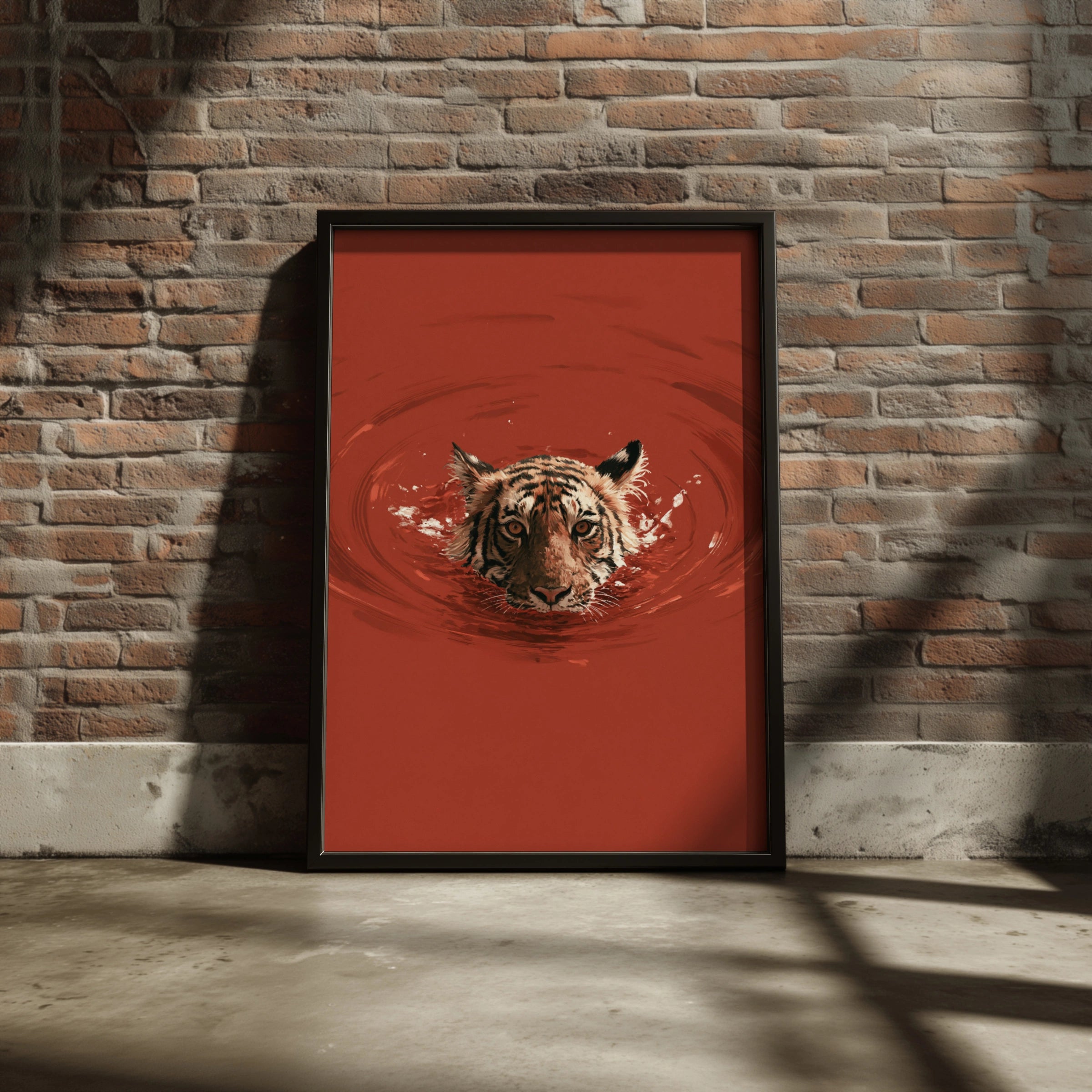 Tiger Swimming in Red Water Poster, Bold Wildlife Wall Art, Dramatic Animal Print