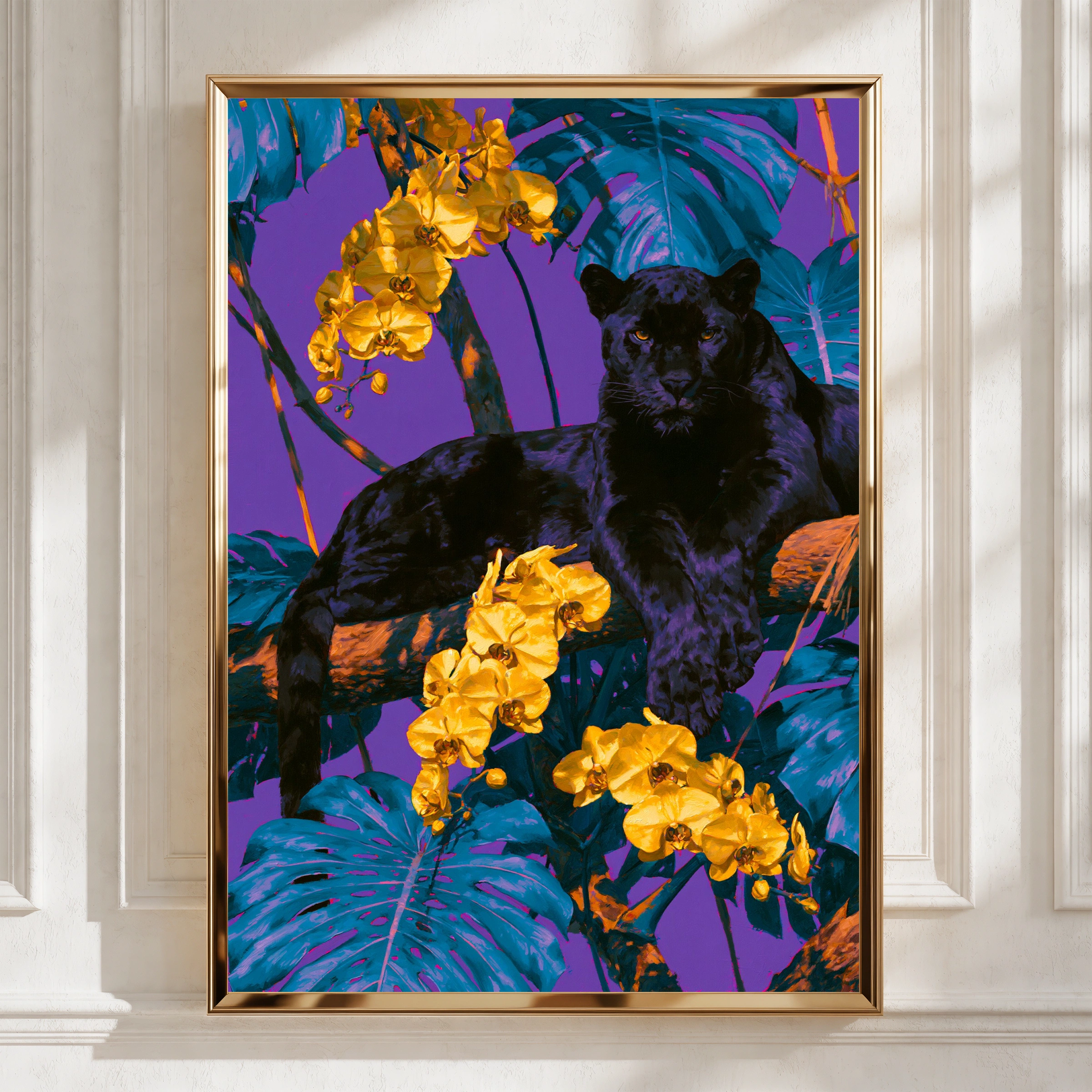 Black Panther Yellow Orchids Poster, Tropical Jungle Wall Art, Bold Colourful Print