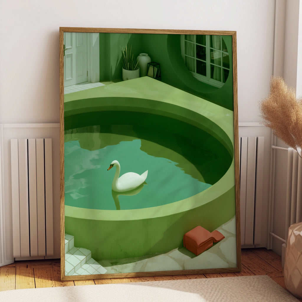 Swan in Green Pool Poster, Surreal Minimalist Wall Art Print