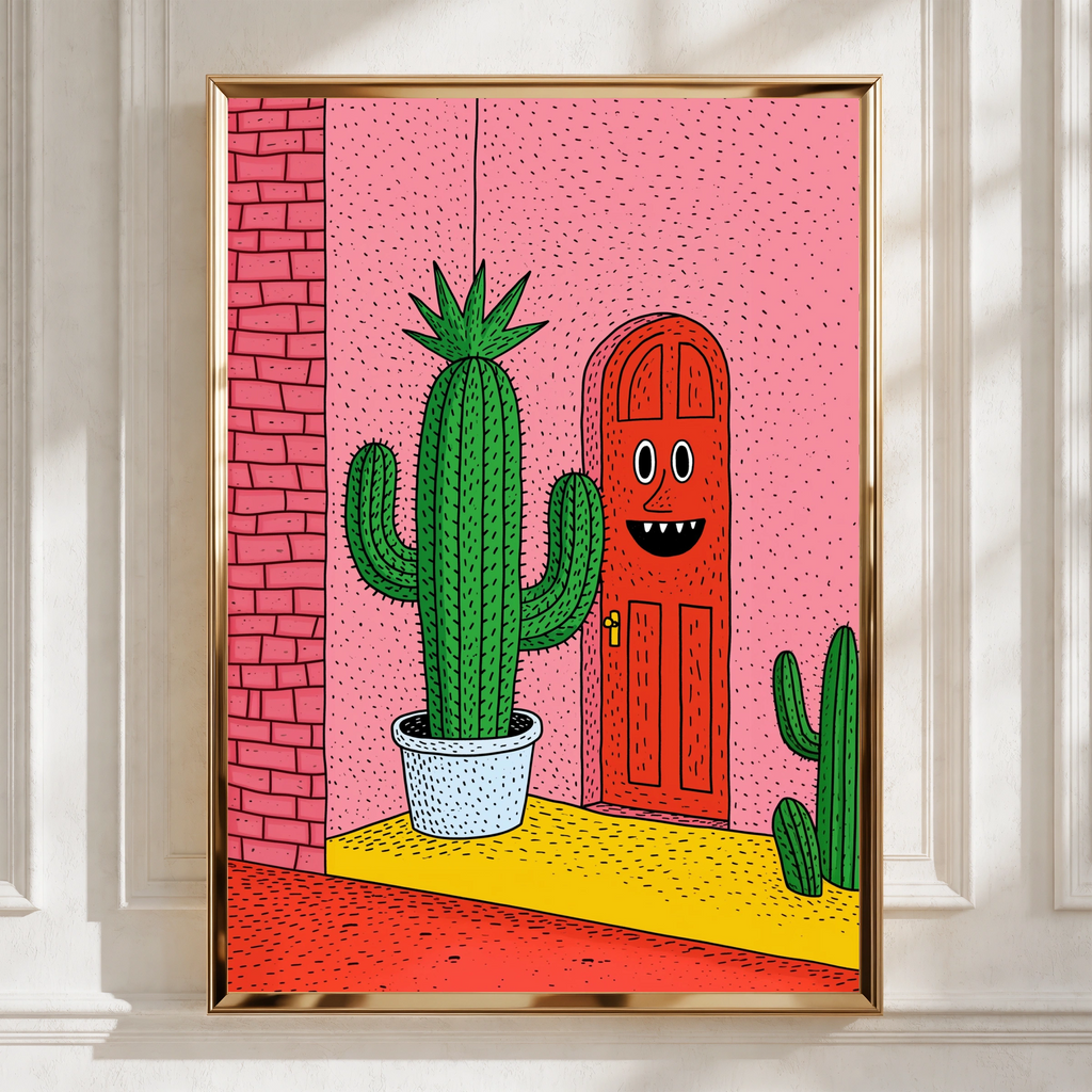 Cactus Door Art Print, Quirky Illustrated Poster, Bold Colourful Wall Art
